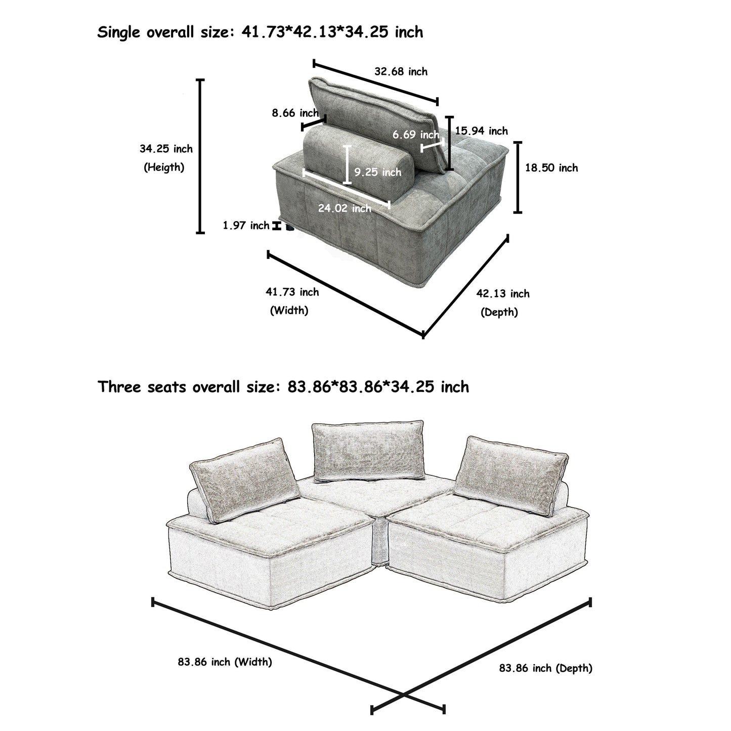 Ensemble de canapés carrés modulaires surdimensionnés 4 pièces en chenille avec coussins en mousse haute densité, combinaison libre