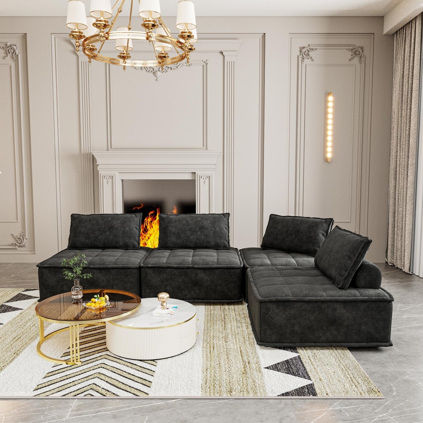Ensemble de canapés carrés modulaires surdimensionnés 4 pièces en chenille avec coussins en mousse haute densité, combinaison libre