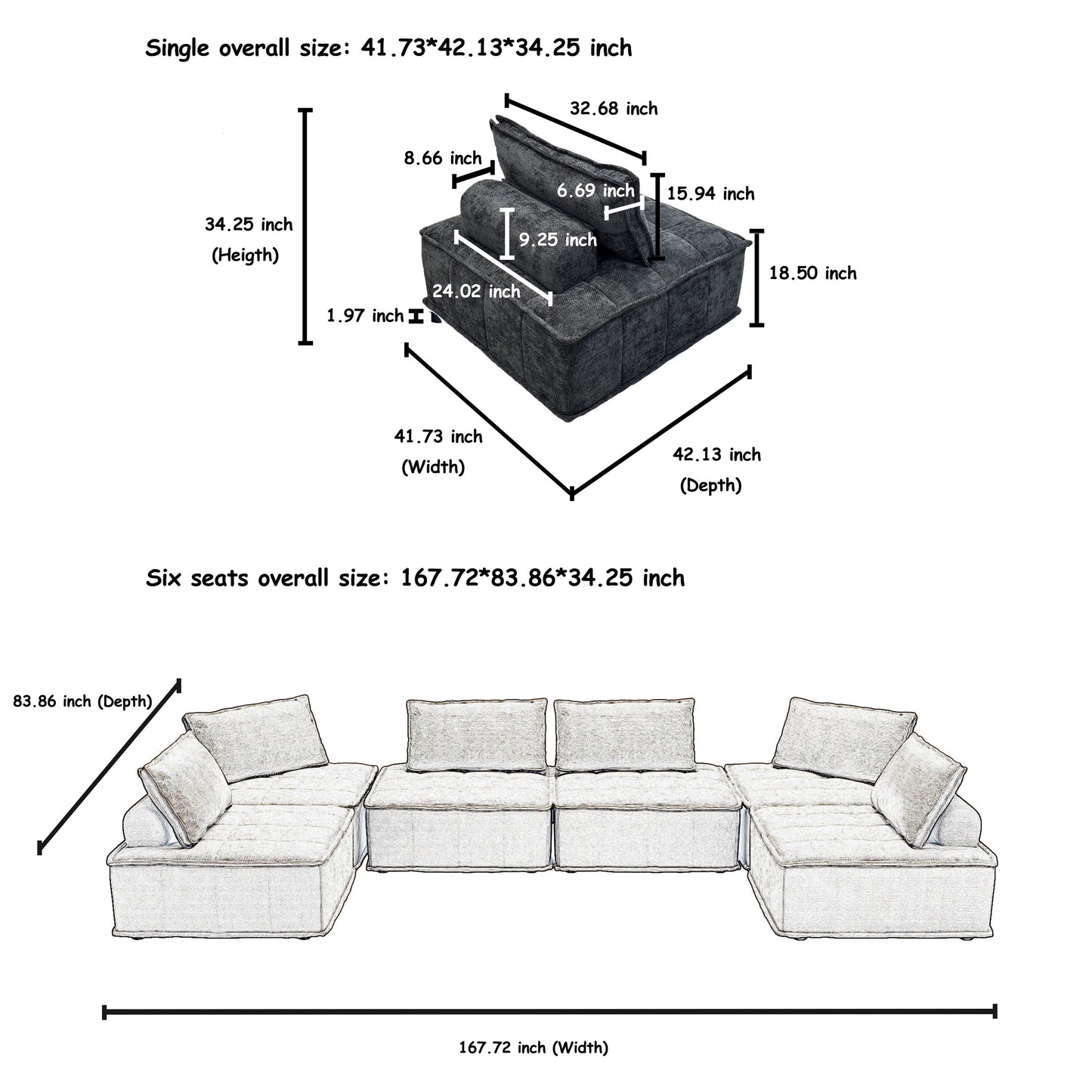 Ensemble de canapés carrés modulaires surdimensionnés en chenille, 6 pièces, avec coussins en mousse haute densité, combinaison libre