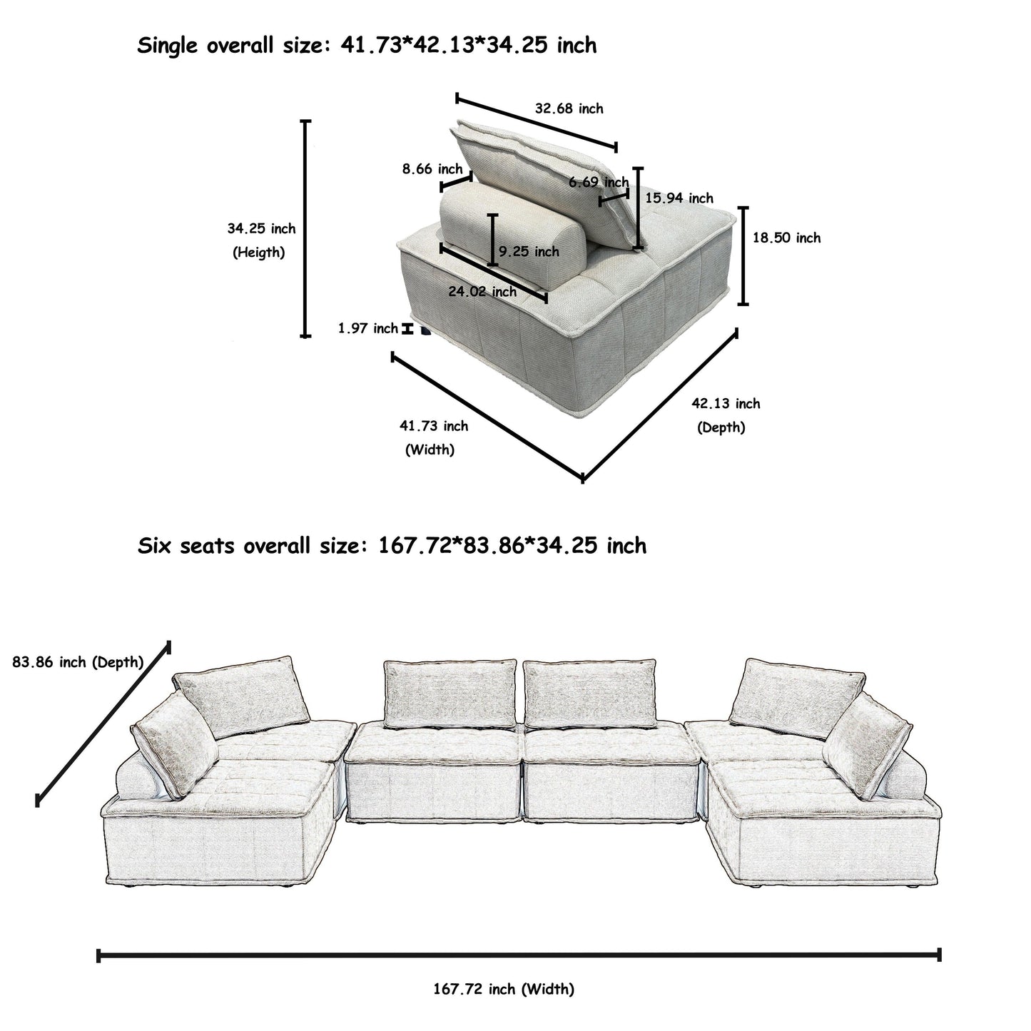 Ensemble de canapés carrés modulaires surdimensionnés en chenille, 6 pièces, avec coussins en mousse haute densité, combinaison libre