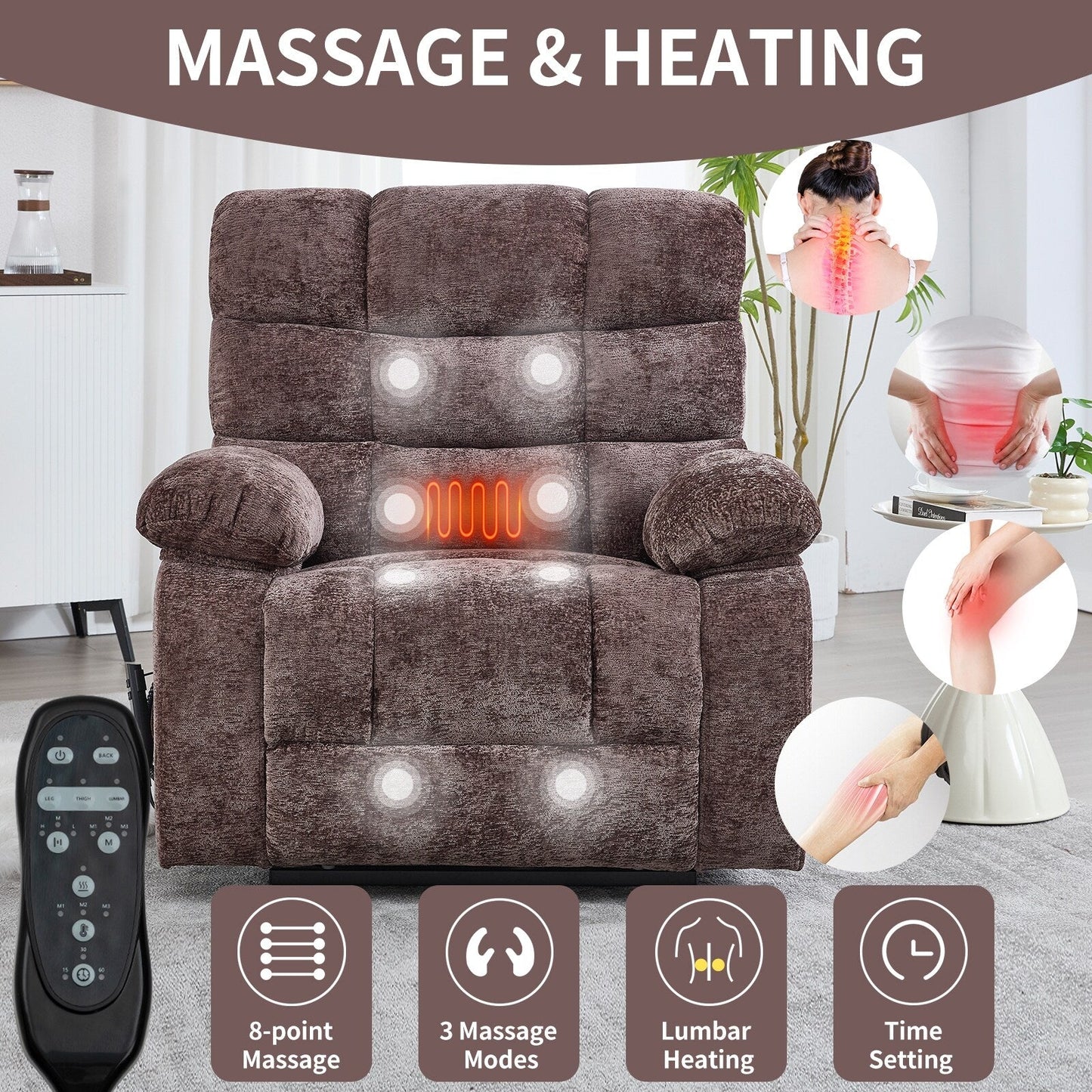 Fauteuil inclinable électrique surdimensionné en chenille avec massage et chauffage lombaire, port de charge, inclinaison à 180°