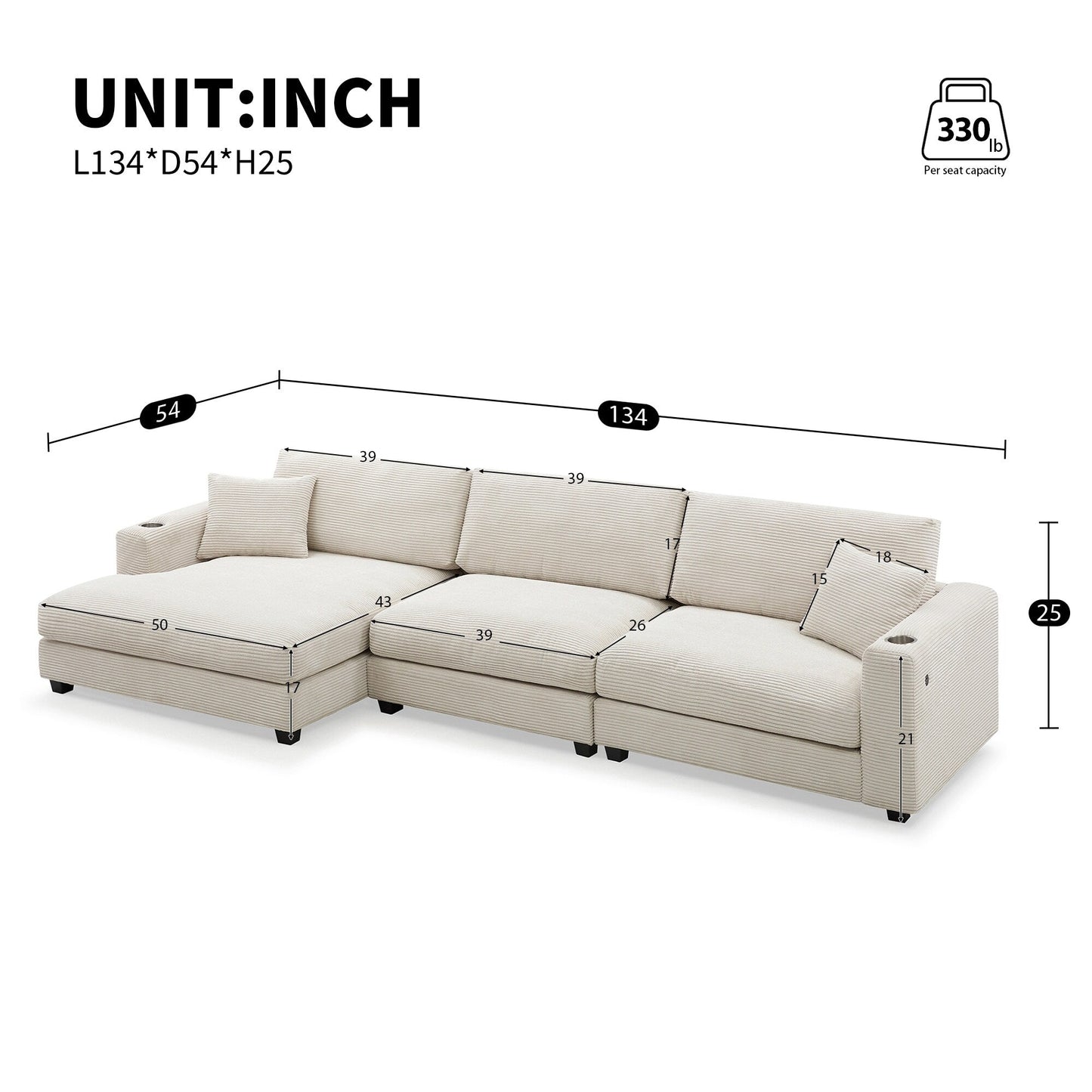 Canapé sectionnel surdimensionné en velours côtelé, canapé nuage en forme de L avec port de chargement USB, porte-gobelet, canapé à siège profond et large avec méridienne de 50 pouces
