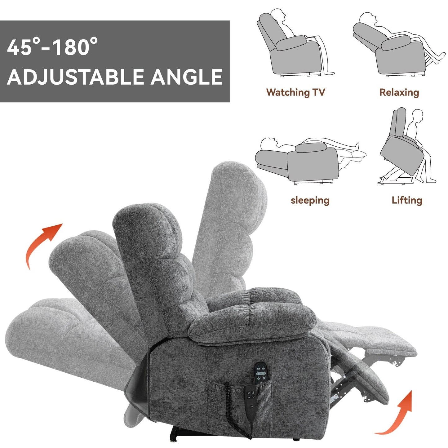 Fauteuil inclinable électrique surdimensionné à deux moteurs, positions infinies, avec massage en 8 points et chauffage lombaire, télécommande électrique
