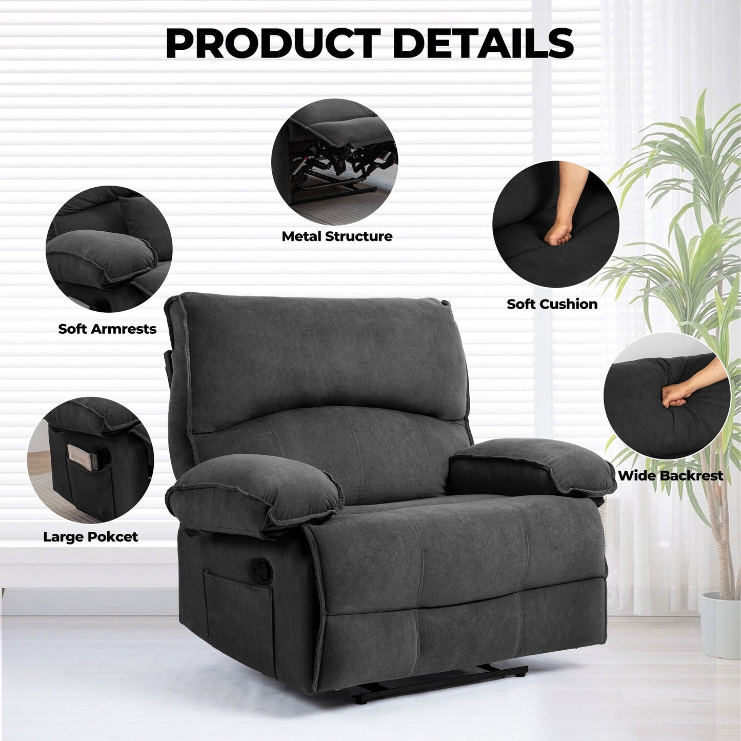 Fauteuil inclinable manuel surdimensionné en velours avec coussin de massage pour salon