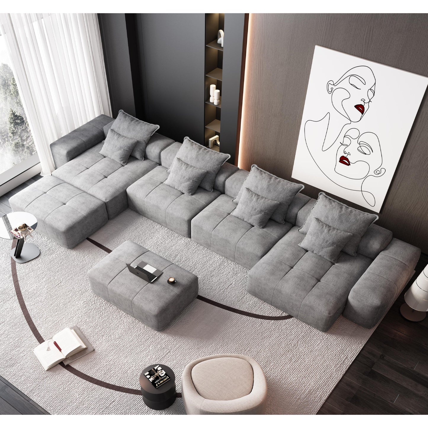 Canapé modulaire surdimensionné 6 places en chenille avec coussins et 8 oreillers pour le salon