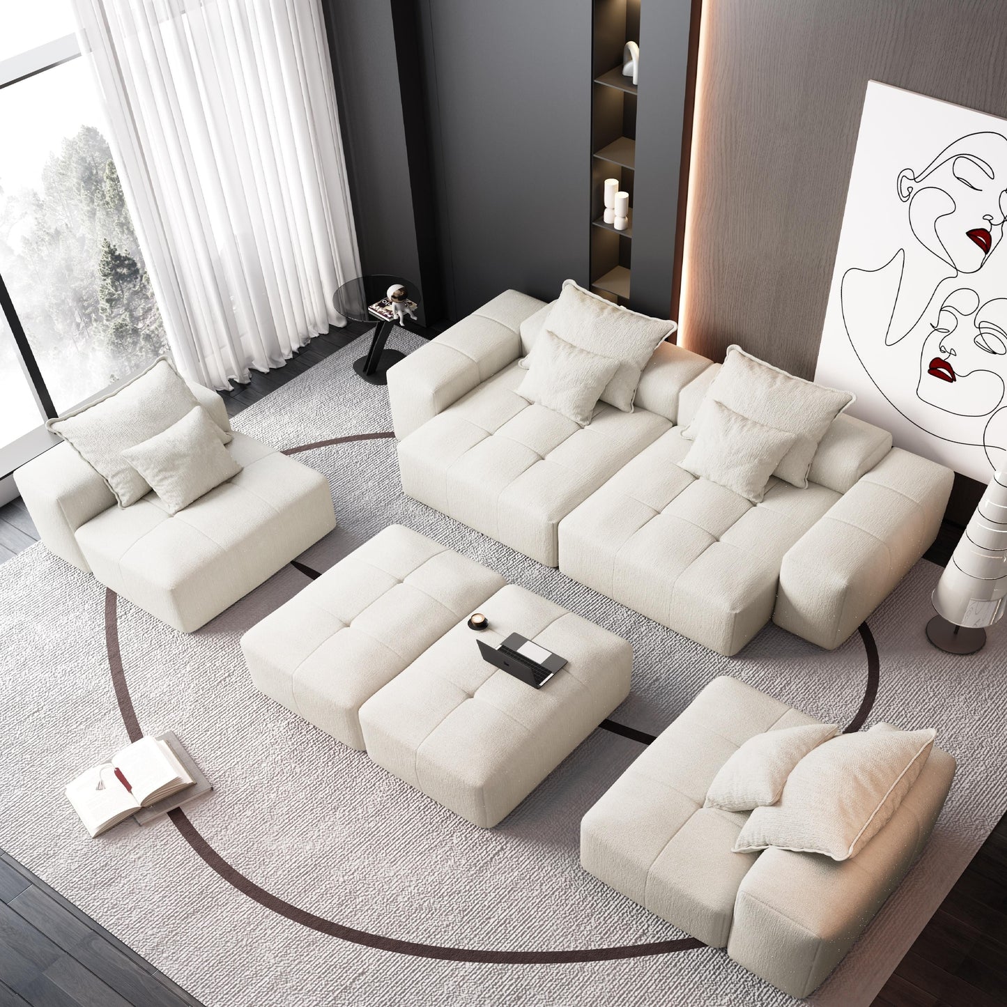 Canapé modulaire surdimensionné 6 places en chenille avec coussins et 8 oreillers pour le salon