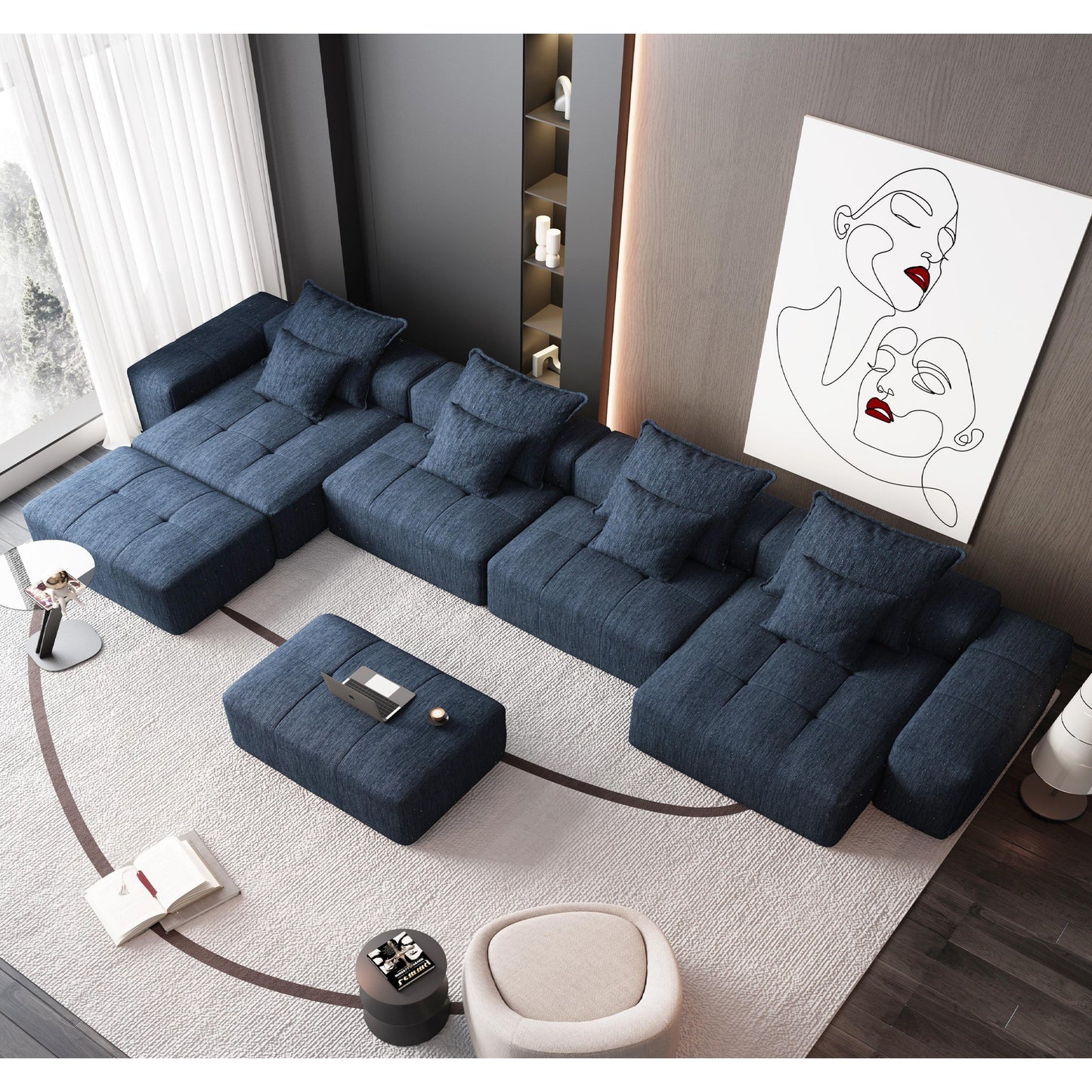 Canapé modulaire surdimensionné 6 places en chenille avec coussins et 8 oreillers pour le salon