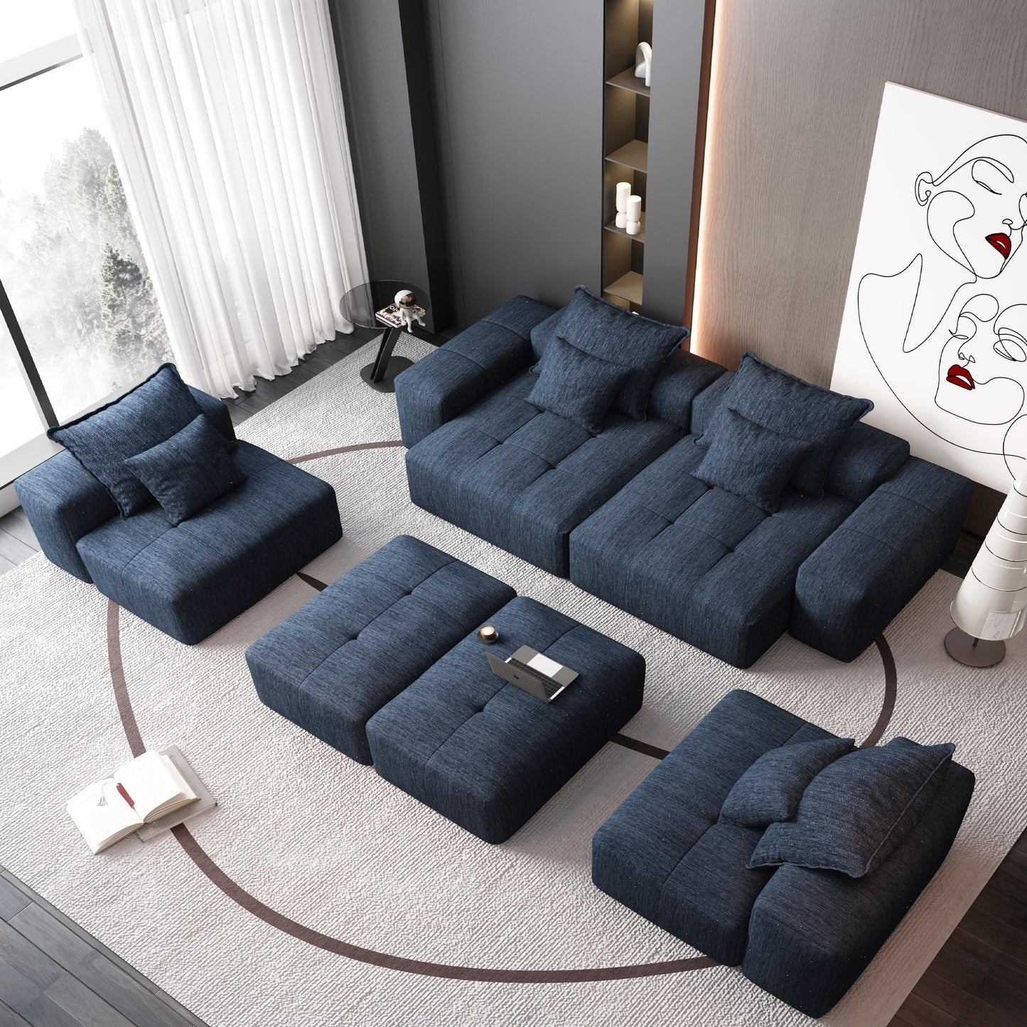 Canapé modulaire surdimensionné 6 places en chenille avec coussins et 8 oreillers pour le salon