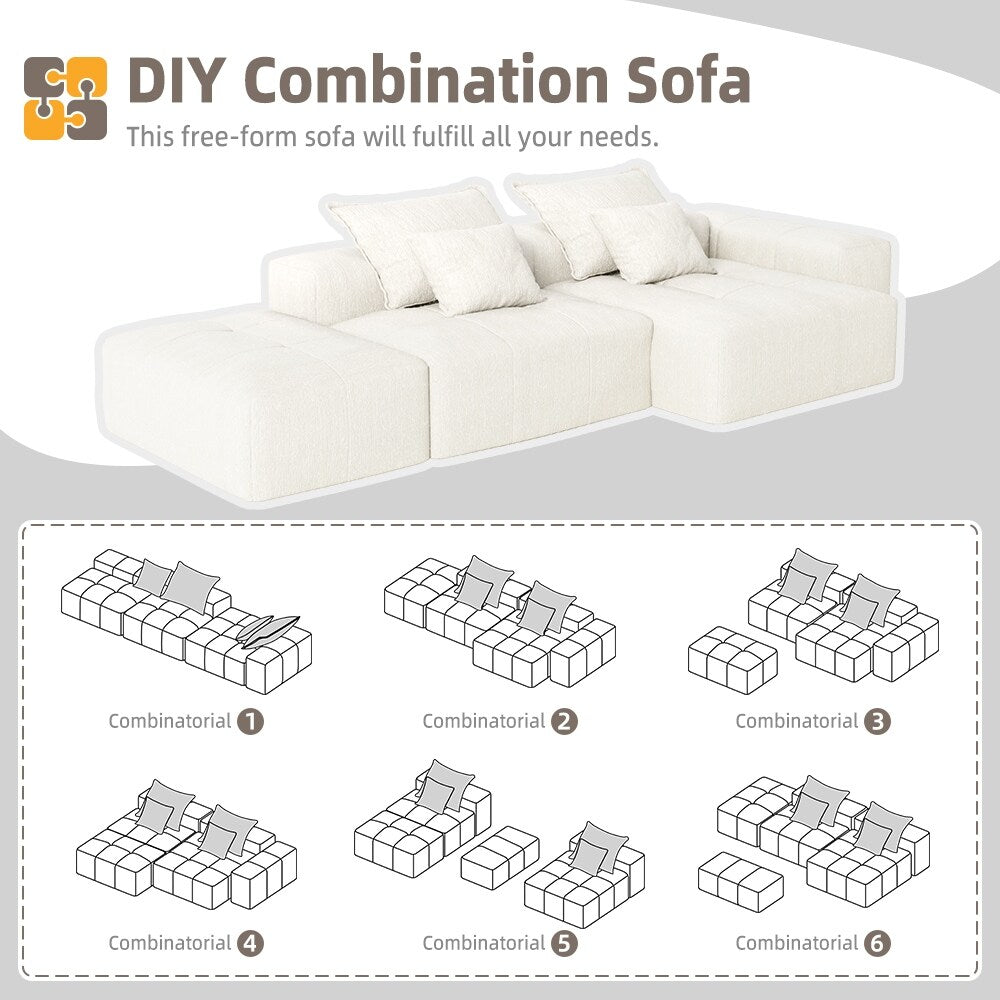 Canapé modulaire surdimensionné en chenille avec pouf, méridienne, 1 accoudoir et 4 coussins pour le salon