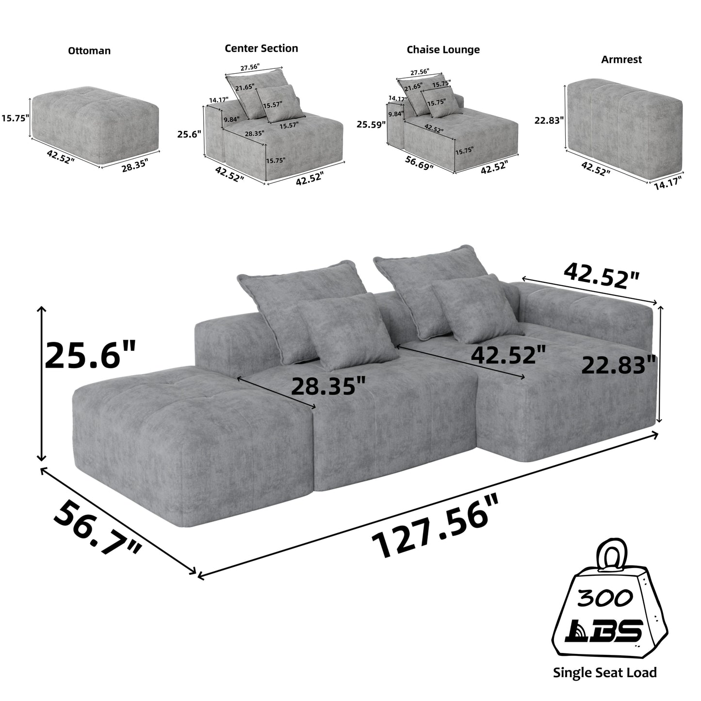 Canapé modulaire surdimensionné en chenille avec pouf, méridienne, 1 accoudoir et 4 coussins pour le salon