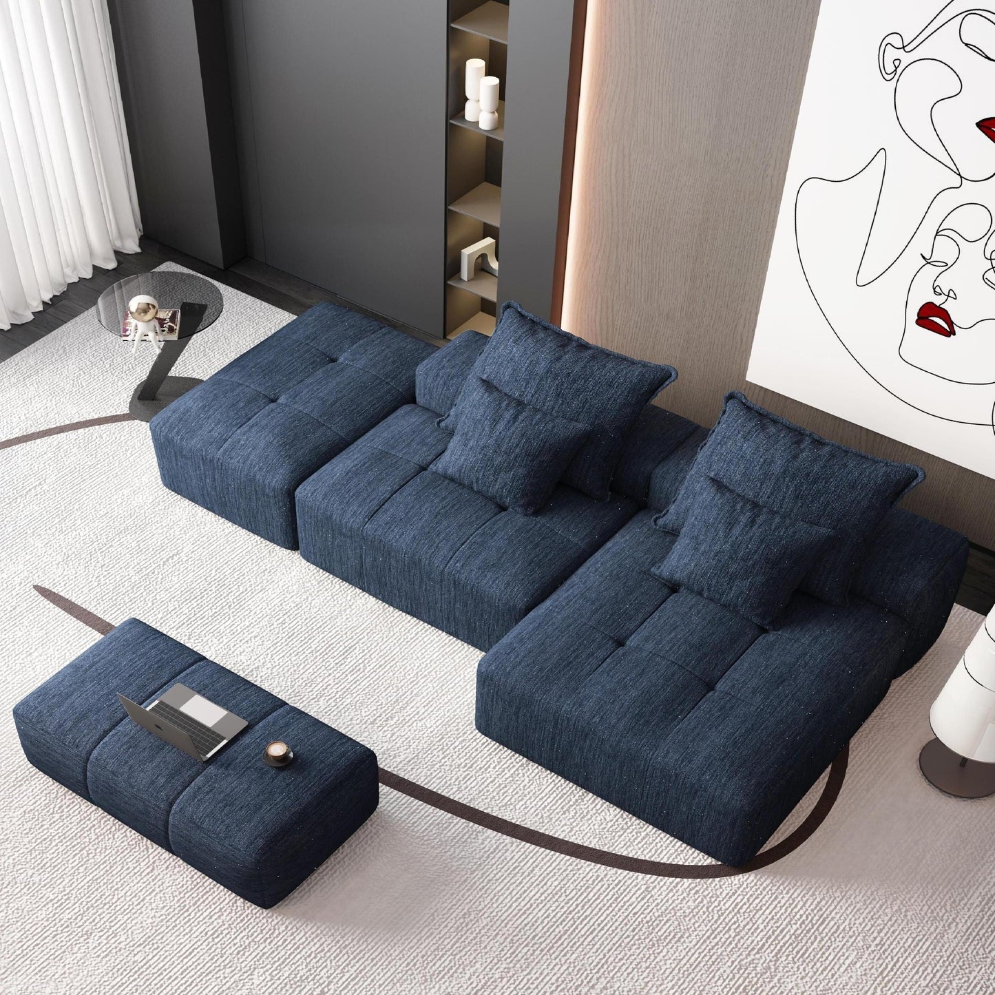Canapé modulaire surdimensionné en chenille avec pouf, méridienne, 1 accoudoir et 4 coussins pour le salon