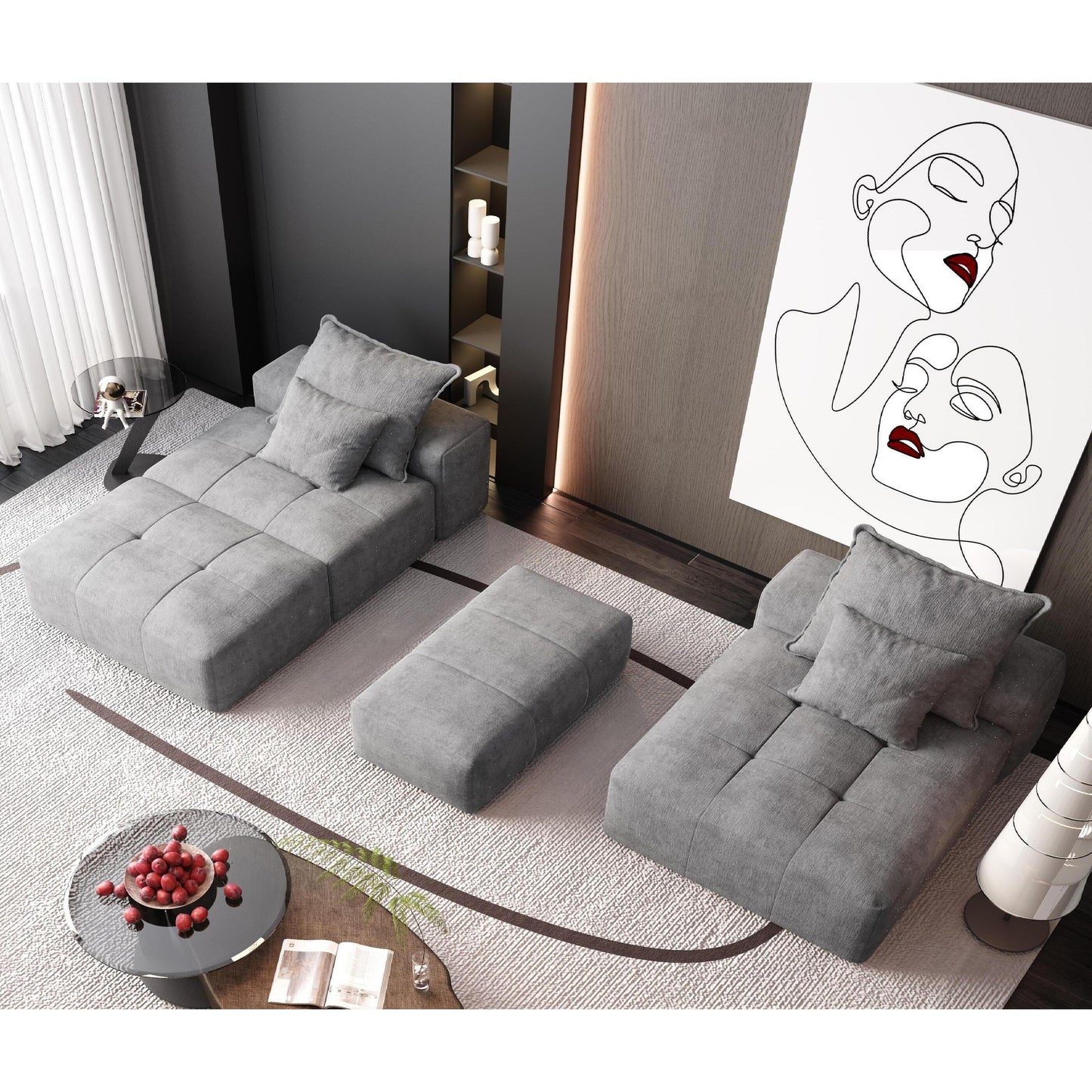 Canapé modulaire surdimensionné en chenille avec pouf, méridienne, 1 accoudoir et 4 coussins pour le salon