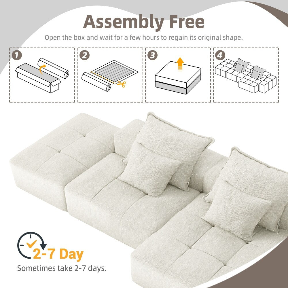 Canapé modulaire surdimensionné en chenille avec pouf, méridienne, 1 accoudoir et 4 coussins pour le salon