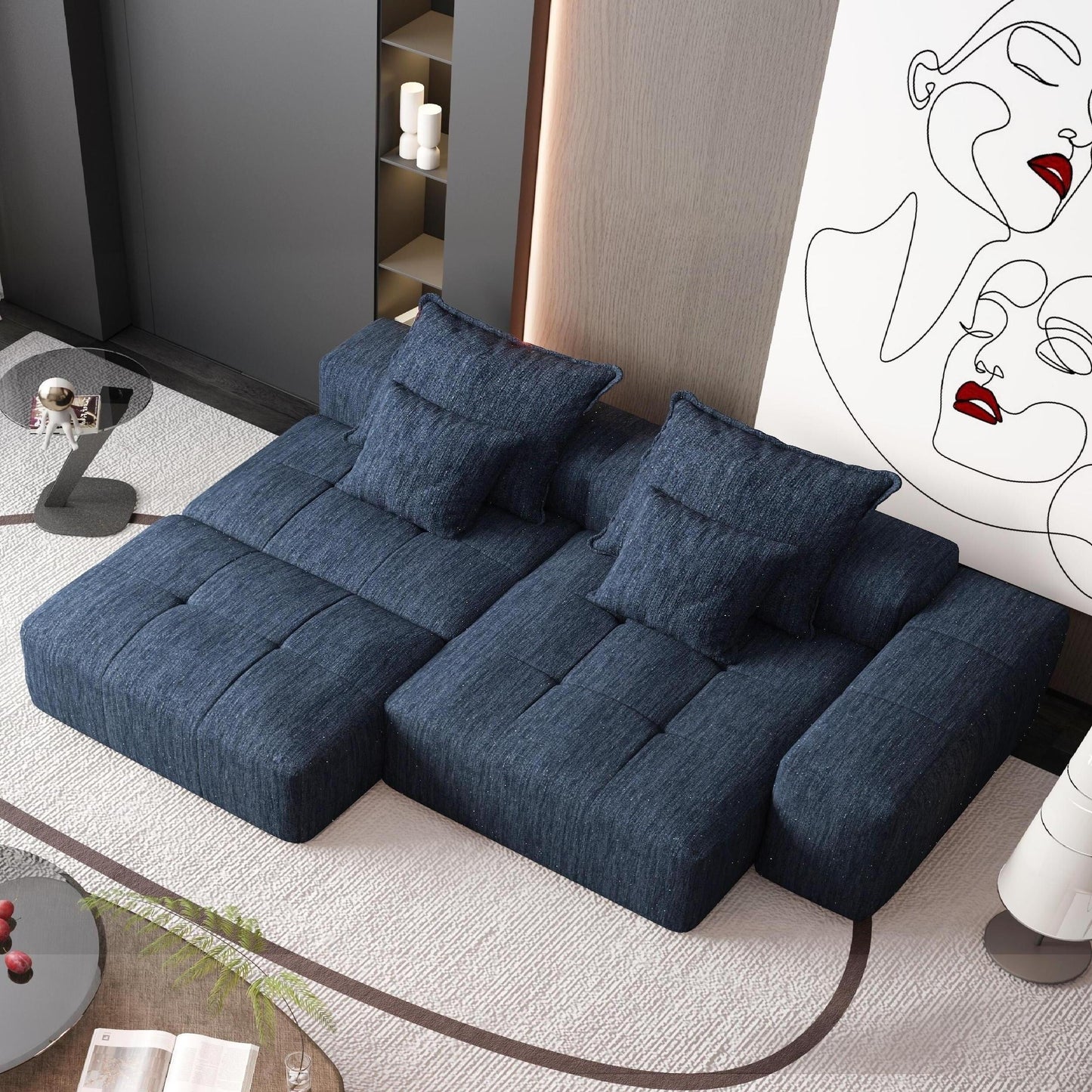 Canapé modulaire surdimensionné en chenille avec pouf, méridienne, 1 accoudoir et 4 coussins pour le salon