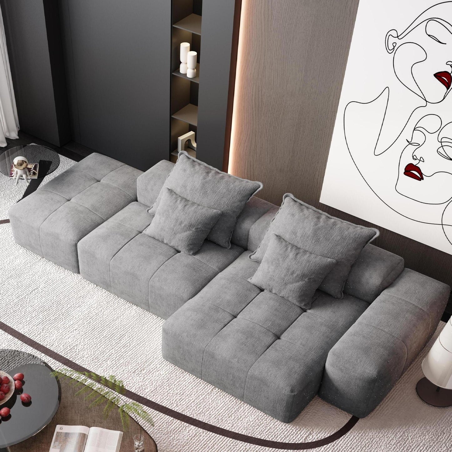 Canapé modulaire surdimensionné en chenille avec pouf, méridienne, 1 accoudoir et 4 coussins pour le salon