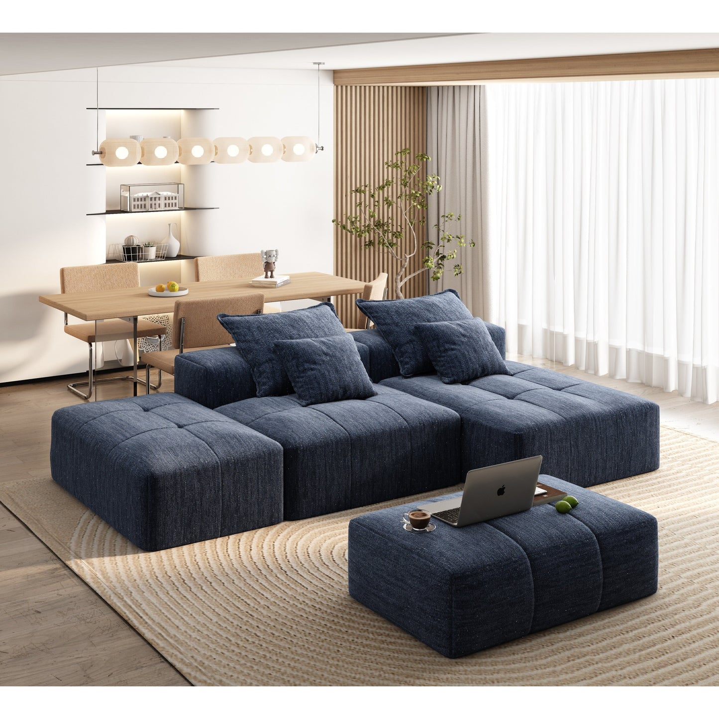 Canapé modulaire surdimensionné en chenille avec pouf, méridienne, 1 accoudoir et 4 coussins pour le salon