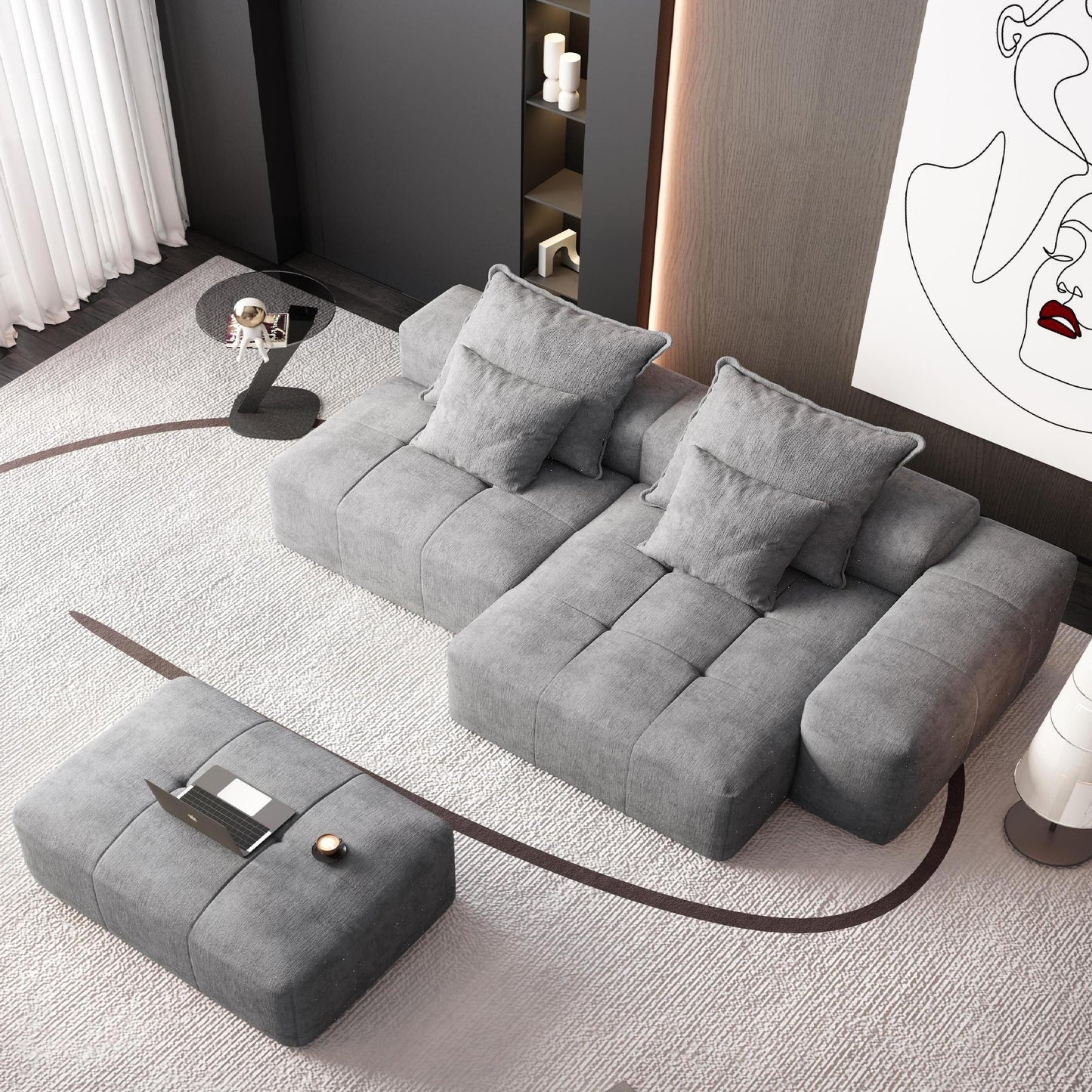Canapé modulaire surdimensionné en chenille avec pouf, méridienne, 1 accoudoir et 4 coussins pour le salon