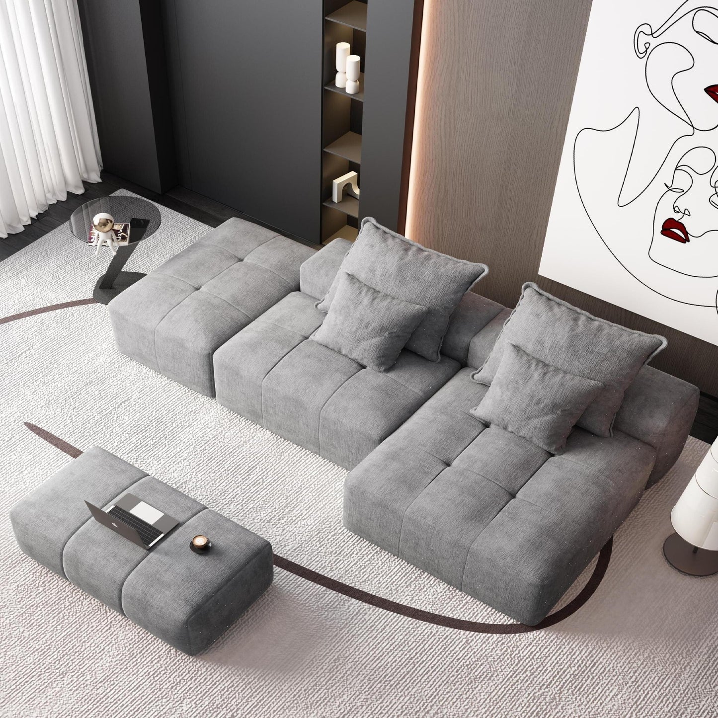 Canapé modulaire surdimensionné en chenille avec pouf, méridienne, 1 accoudoir et 4 coussins pour le salon