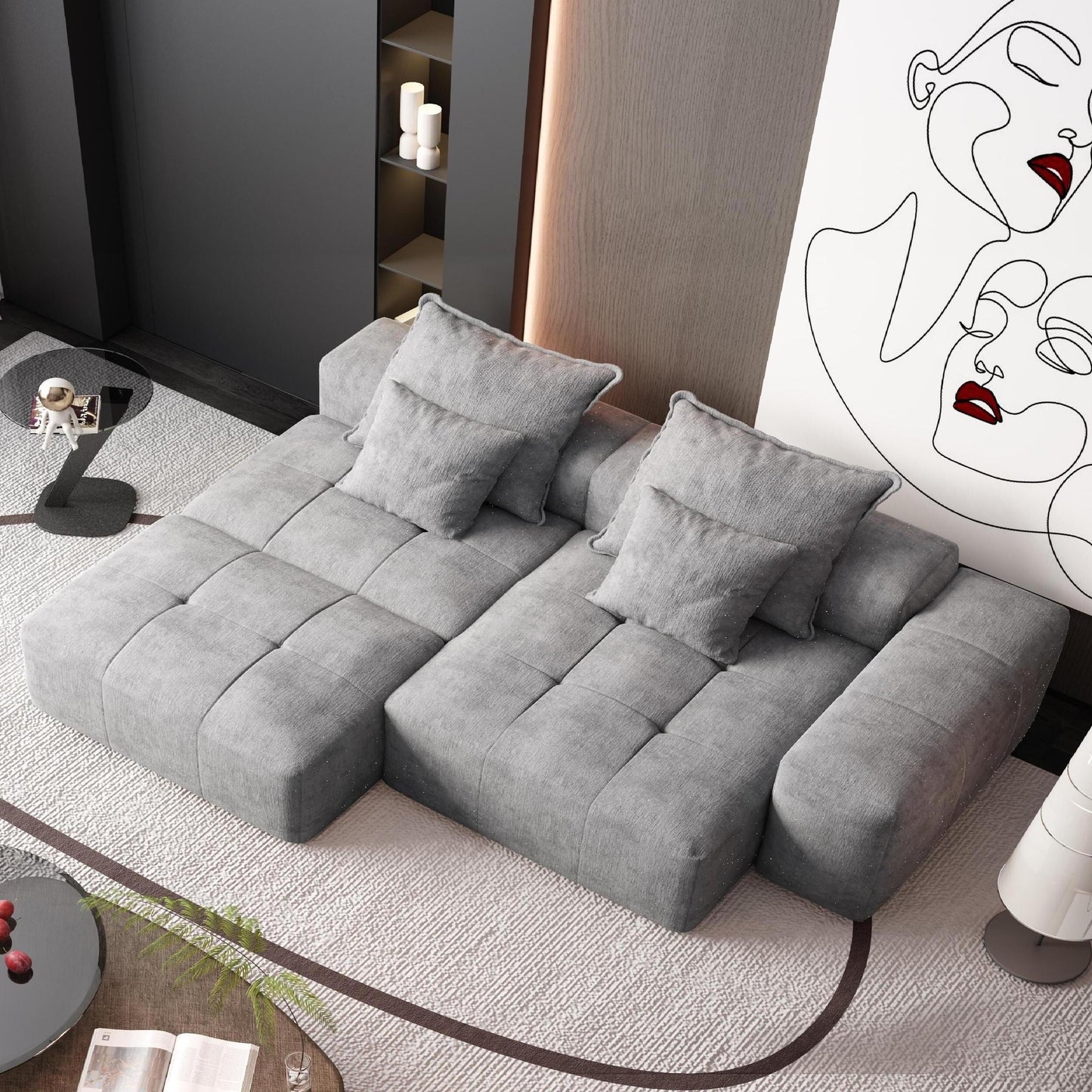 Canapé modulaire surdimensionné en chenille avec pouf, méridienne, 1 accoudoir et 4 coussins pour le salon