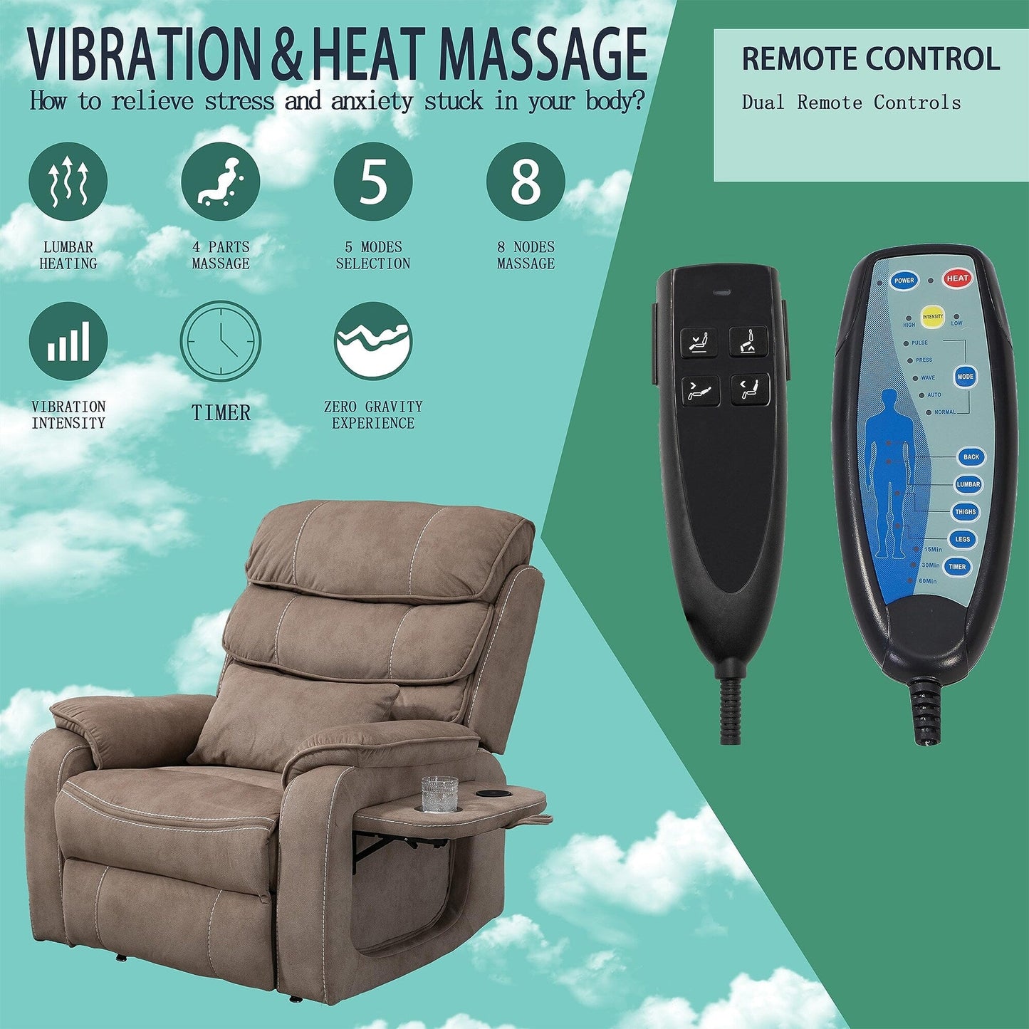 Fauteuil inclinable électrique surdimensionné avec massage thermique, position allongée à 180°