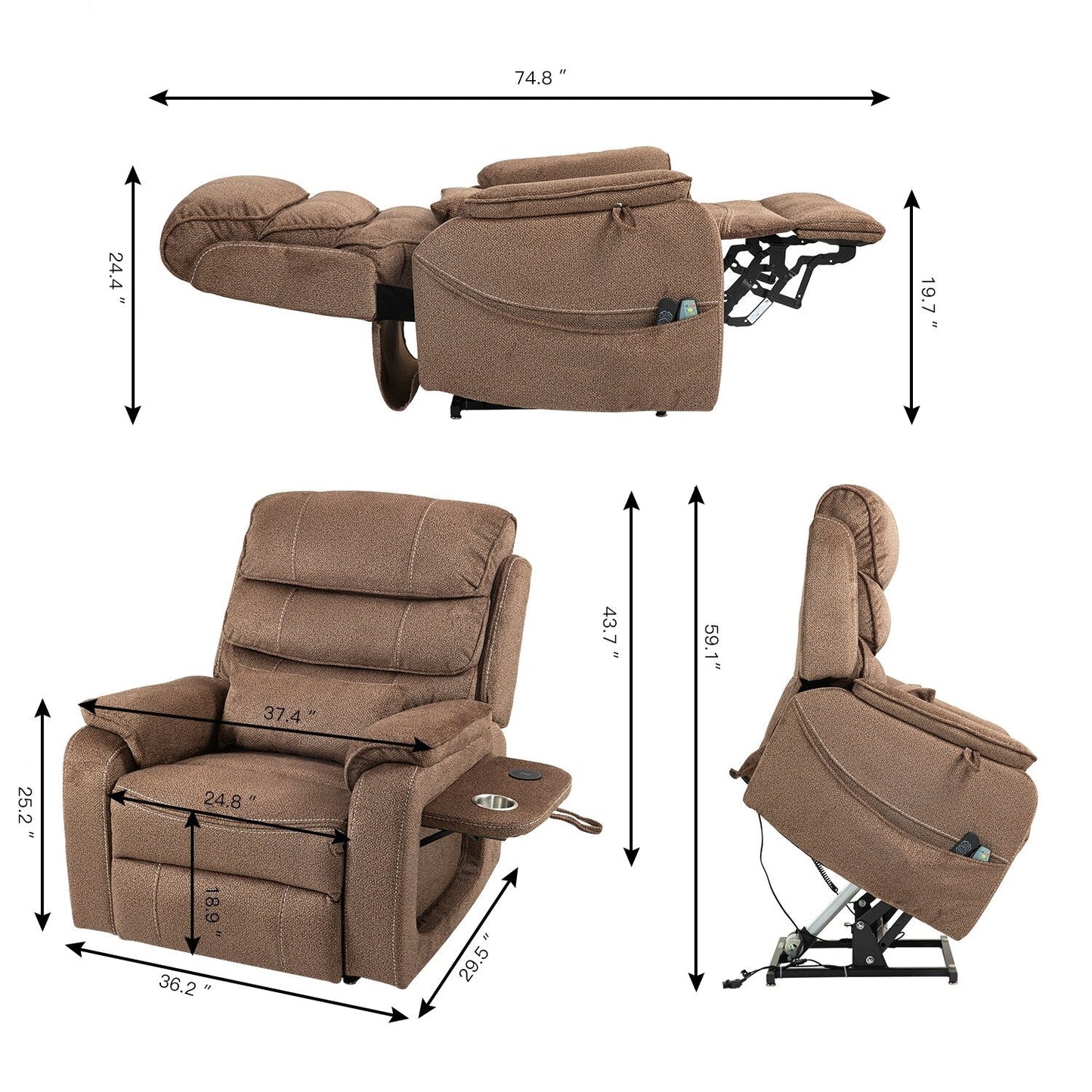 Fauteuil inclinable électrique surdimensionné avec massage thermique, position allongée à 180°