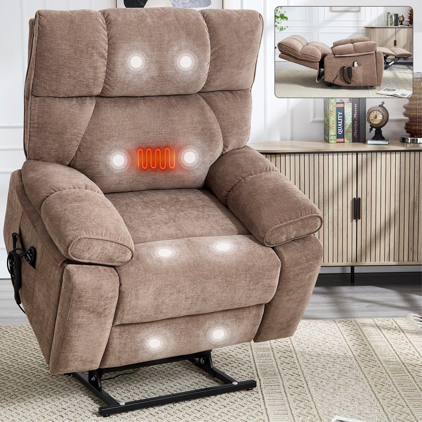 Fauteuil inclinable électrique surdimensionné avec deux moteurs, fonctions de chauffage et de massage, inclinaison infinie, porte-gobelets dissimulés