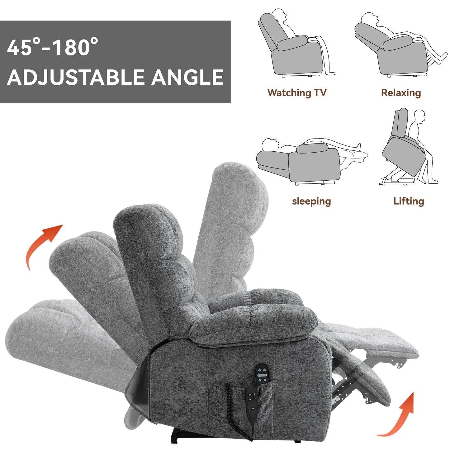 Fauteuil inclinable électrique surdimensionné avec deux moteurs, chauffage et massage, inclinaison infinie (capacité de 158 kg), télécommande