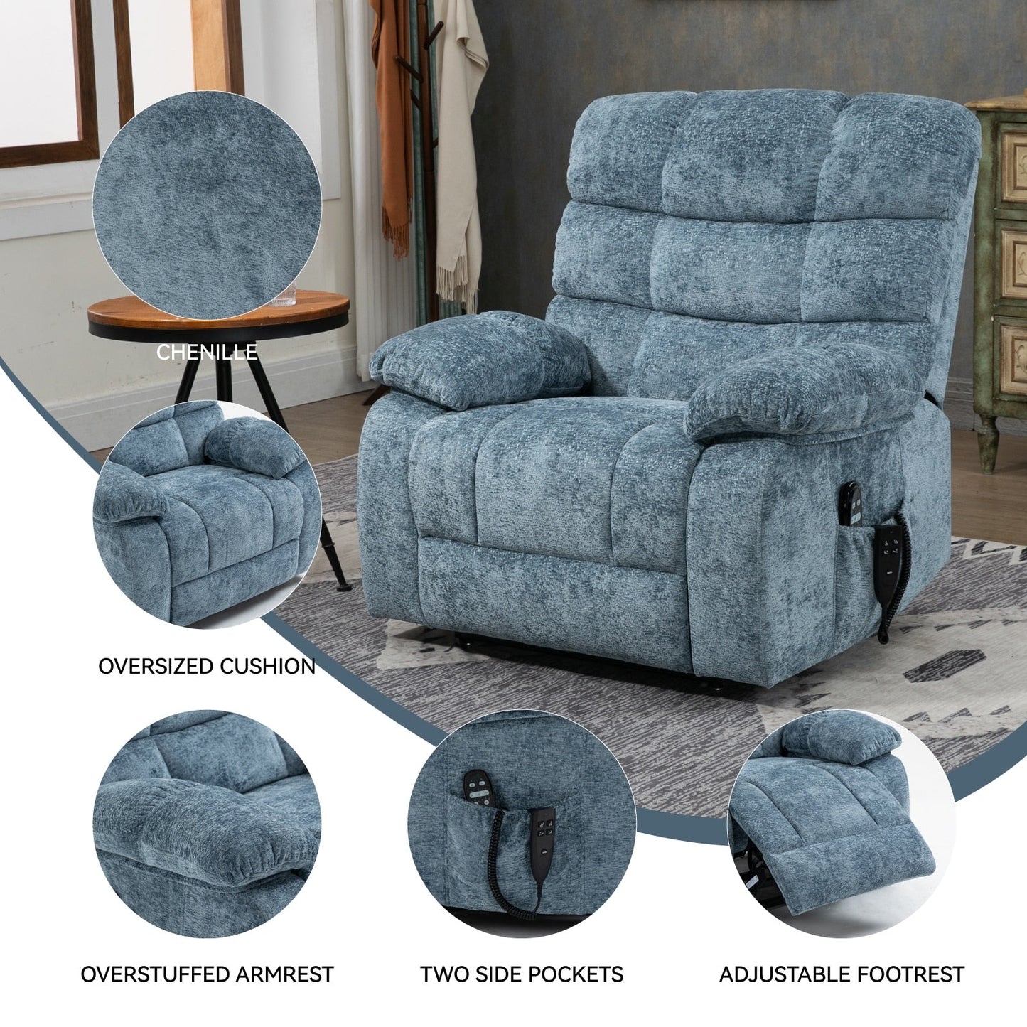 Fauteuil inclinable électrique surdimensionné avec deux moteurs, chauffage et massage, inclinaison infinie (capacité de 158 kg), télécommande