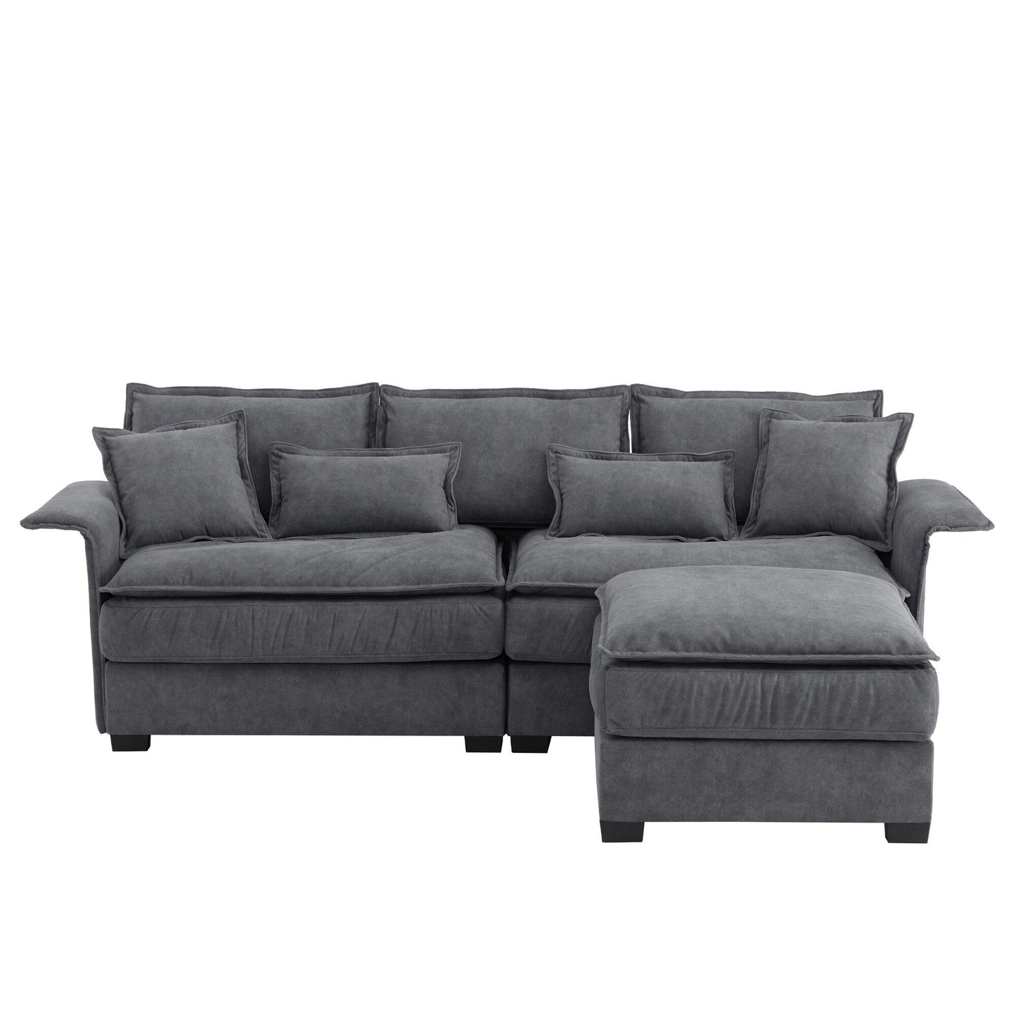 Canapé sectionnel surdimensionné avec accoudoirs en bois courbé, meuble d'intérieur rembourré avec coussins doubles, canapé en L avec pouf