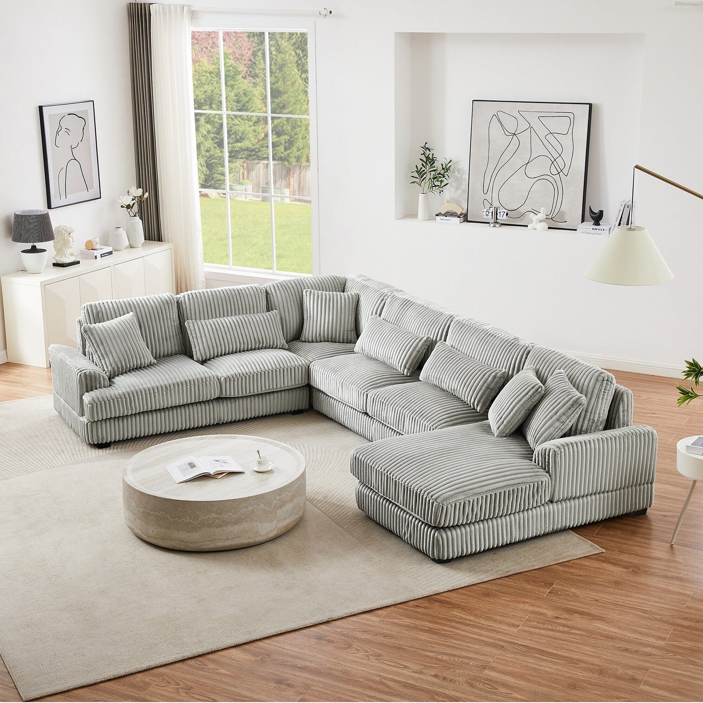 Canapé sectionnel surdimensionné en U avec méridienne, 4 coussins carrés et 3 coussins lombaires pour le salon