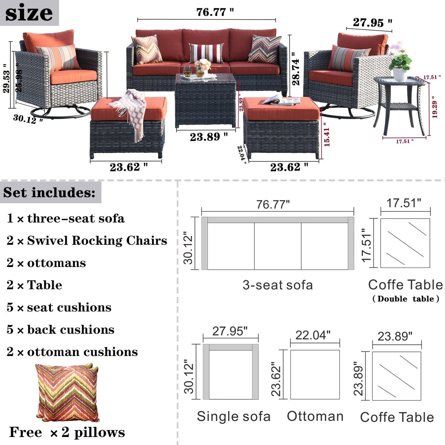 Ensemble de meubles de patio OVIOS 7 pièces en osier avec chaises pivotantes à bascule