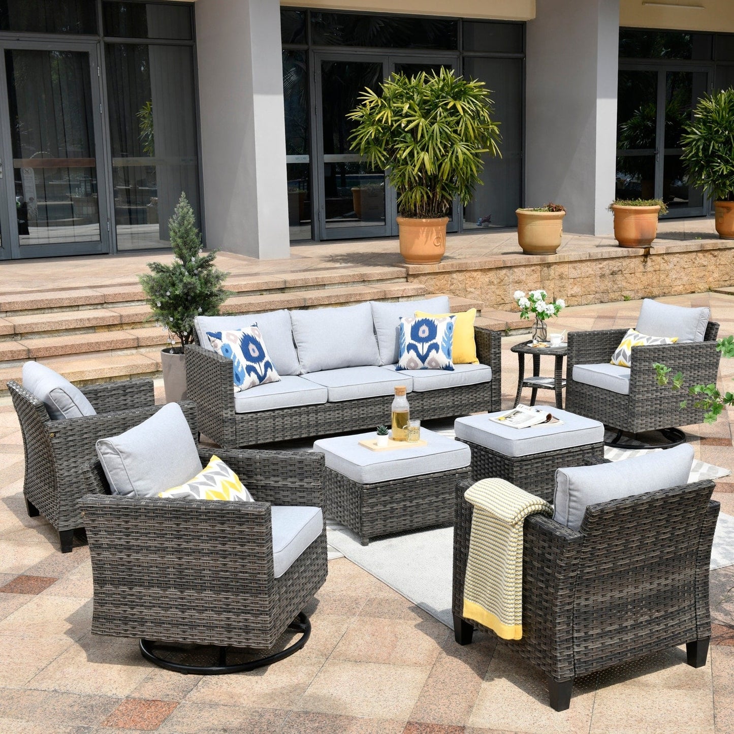 Ensemble de meubles de patio OVIOS 8 pièces en osier avec chaises pivotantes