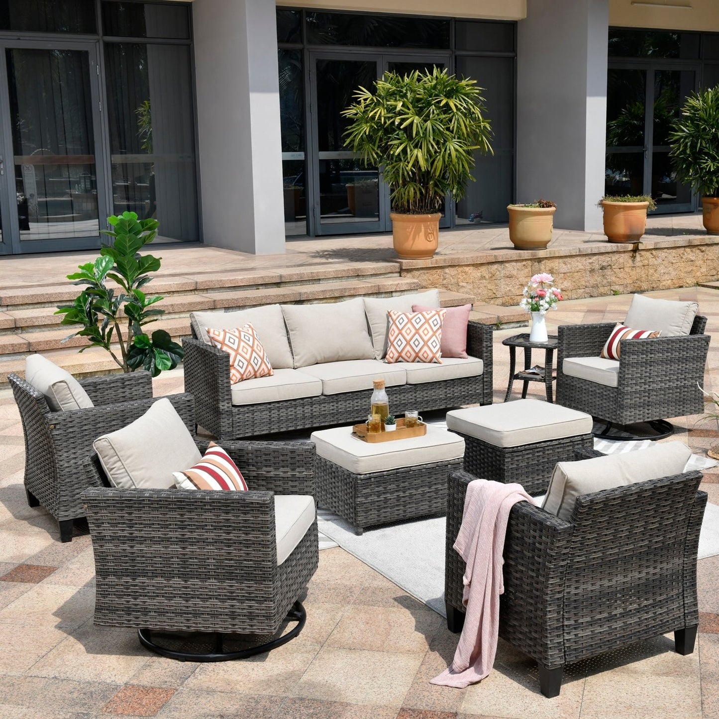 Ensemble de meubles de patio OVIOS 8 pièces en osier avec chaises pivotantes