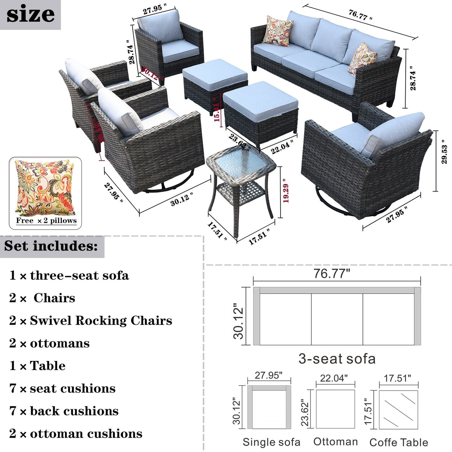 Ensemble de meubles de patio OVIOS 8 pièces en osier avec chaises pivotantes