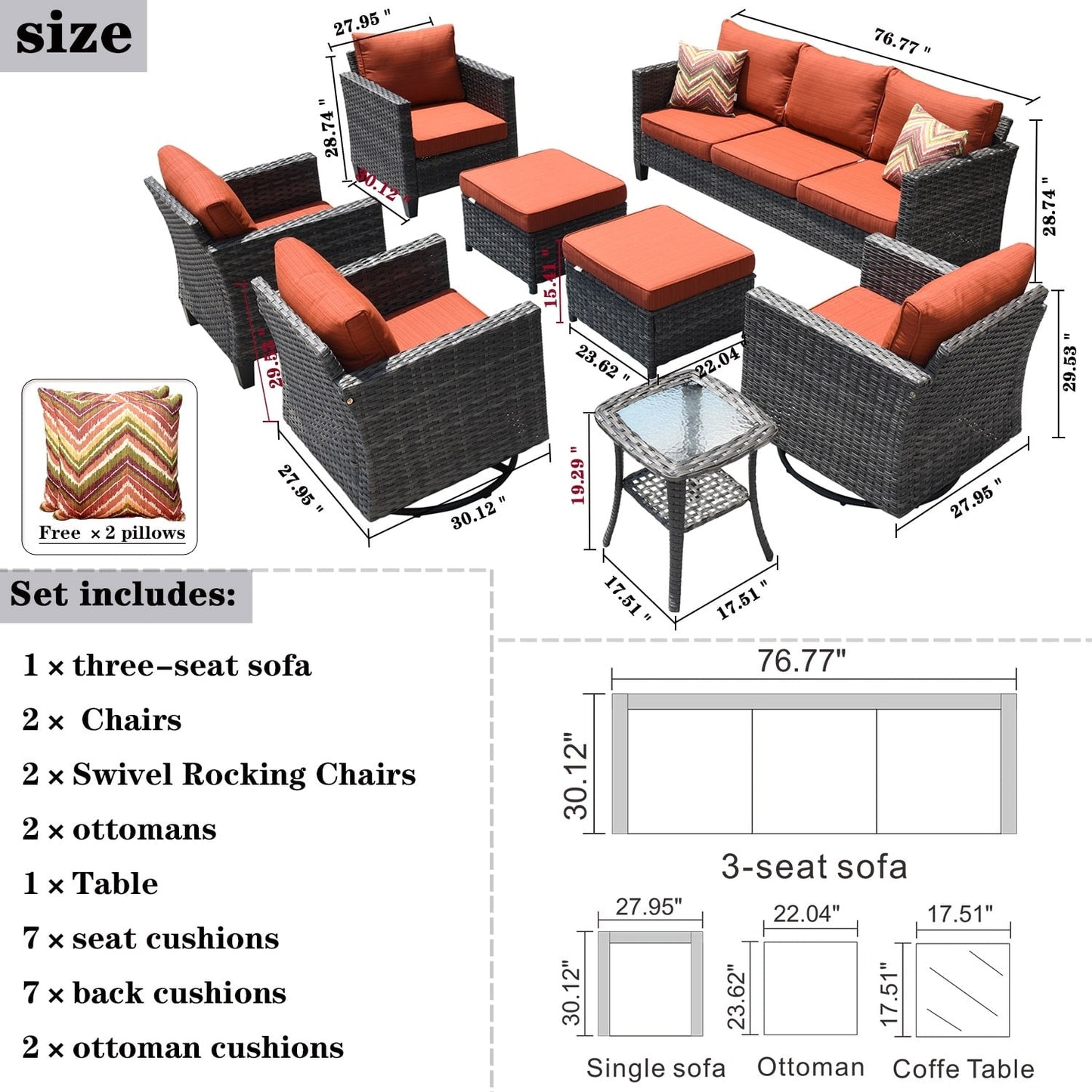 Ensemble de meubles de patio OVIOS 8 pièces en osier avec chaises pivotantes