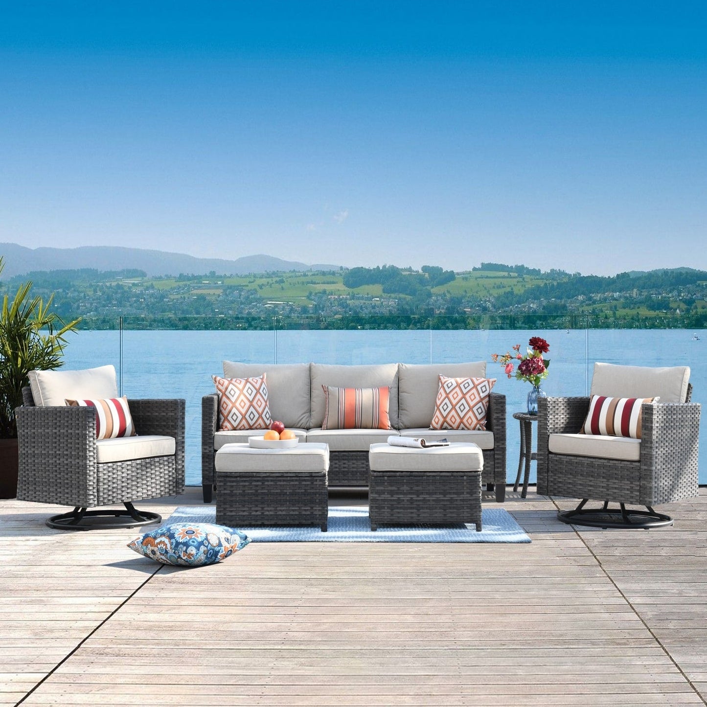 Ensemble de canapés de patio OVIOS 6 pièces en osier avec chaises berçantes pivotantes
