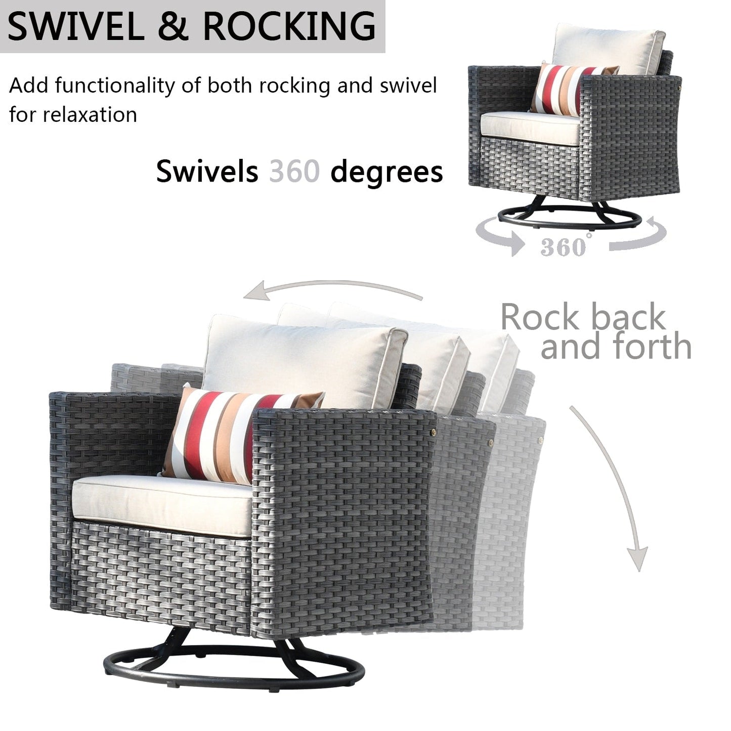 Ensemble de canapés de patio OVIOS 6 pièces en osier avec chaises berçantes pivotantes