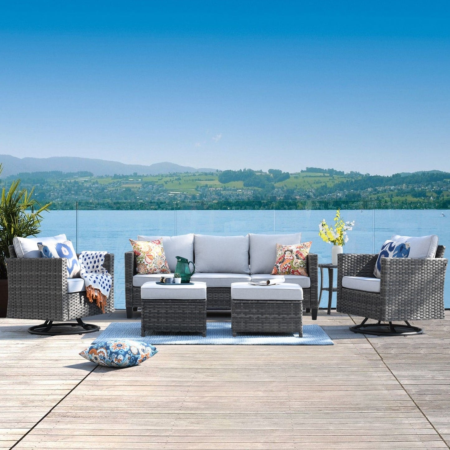 Ensemble de canapés de patio OVIOS 6 pièces en osier avec chaises berçantes pivotantes