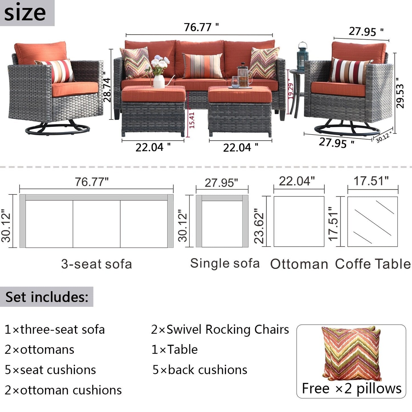 Ensemble de canapés de patio OVIOS 6 pièces en osier avec chaises berçantes pivotantes