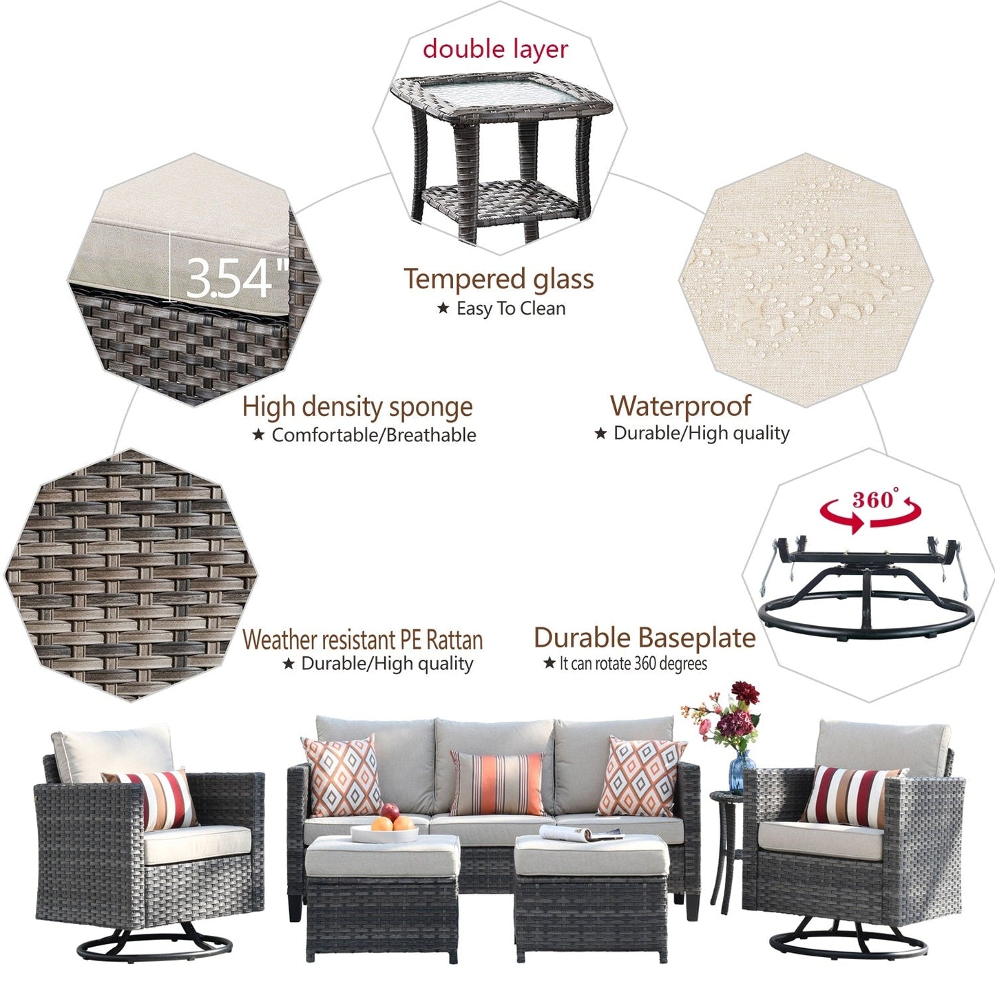 Ensemble de canapés de patio OVIOS 6 pièces en osier avec chaises berçantes pivotantes
