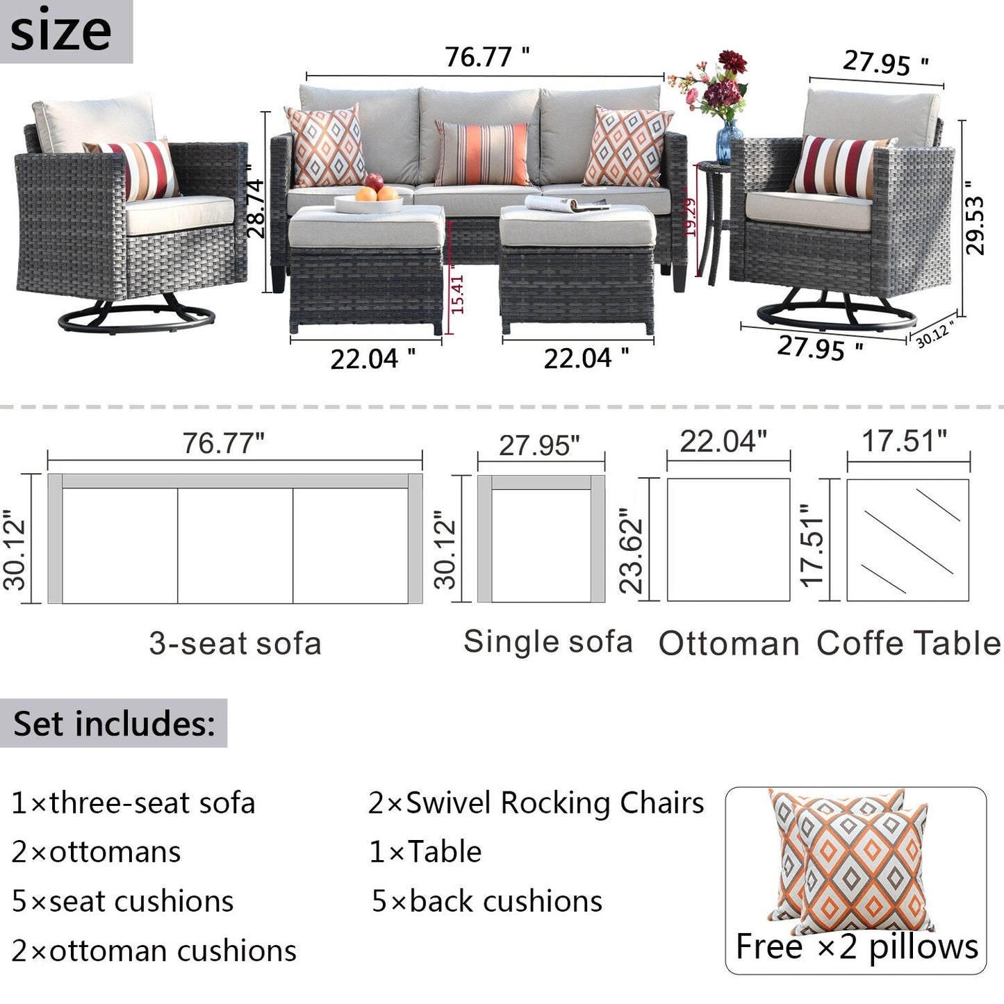 Ensemble de canapés de patio OVIOS 6 pièces en osier avec chaises berçantes pivotantes