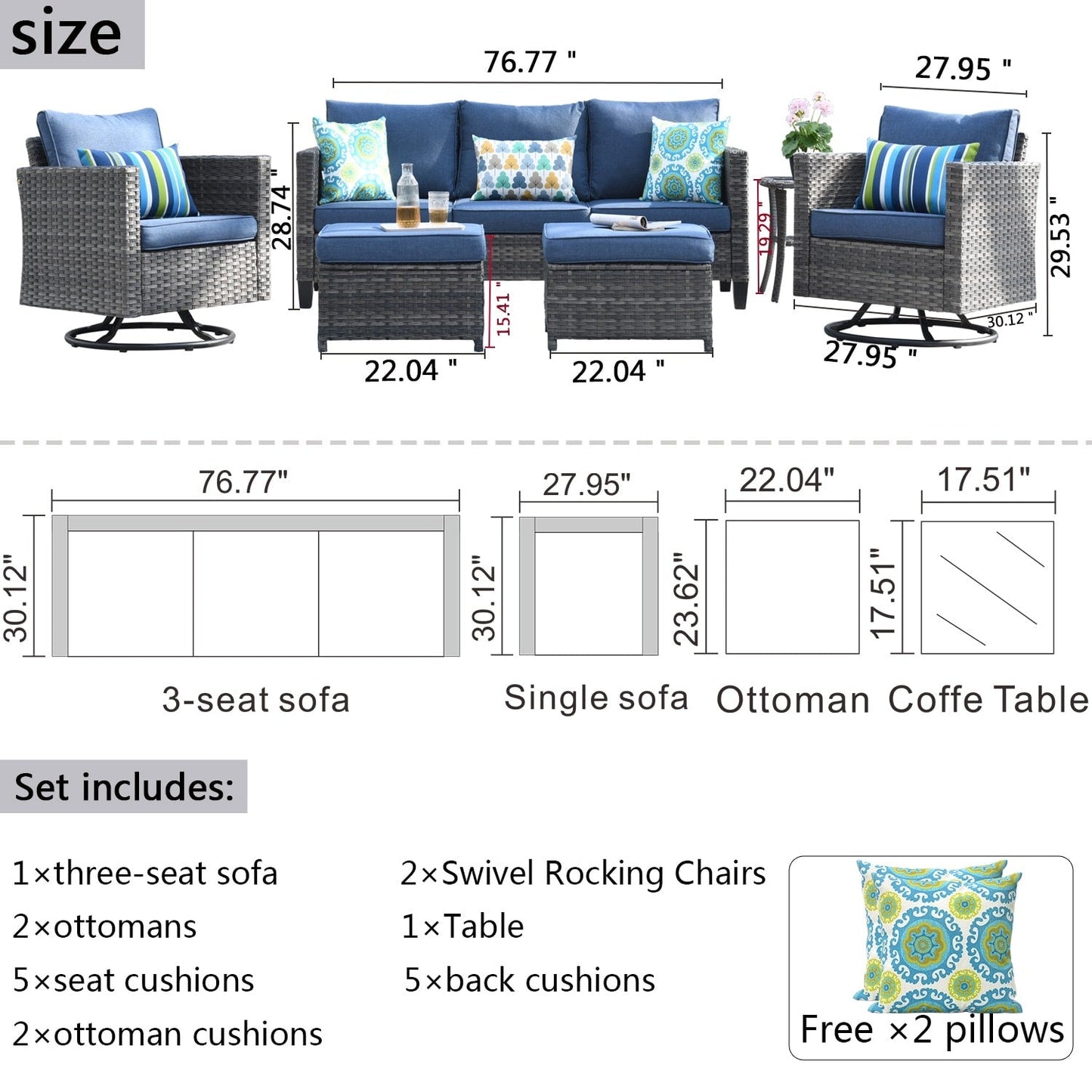 Ensemble de canapés de patio OVIOS 6 pièces en osier avec chaises berçantes pivotantes