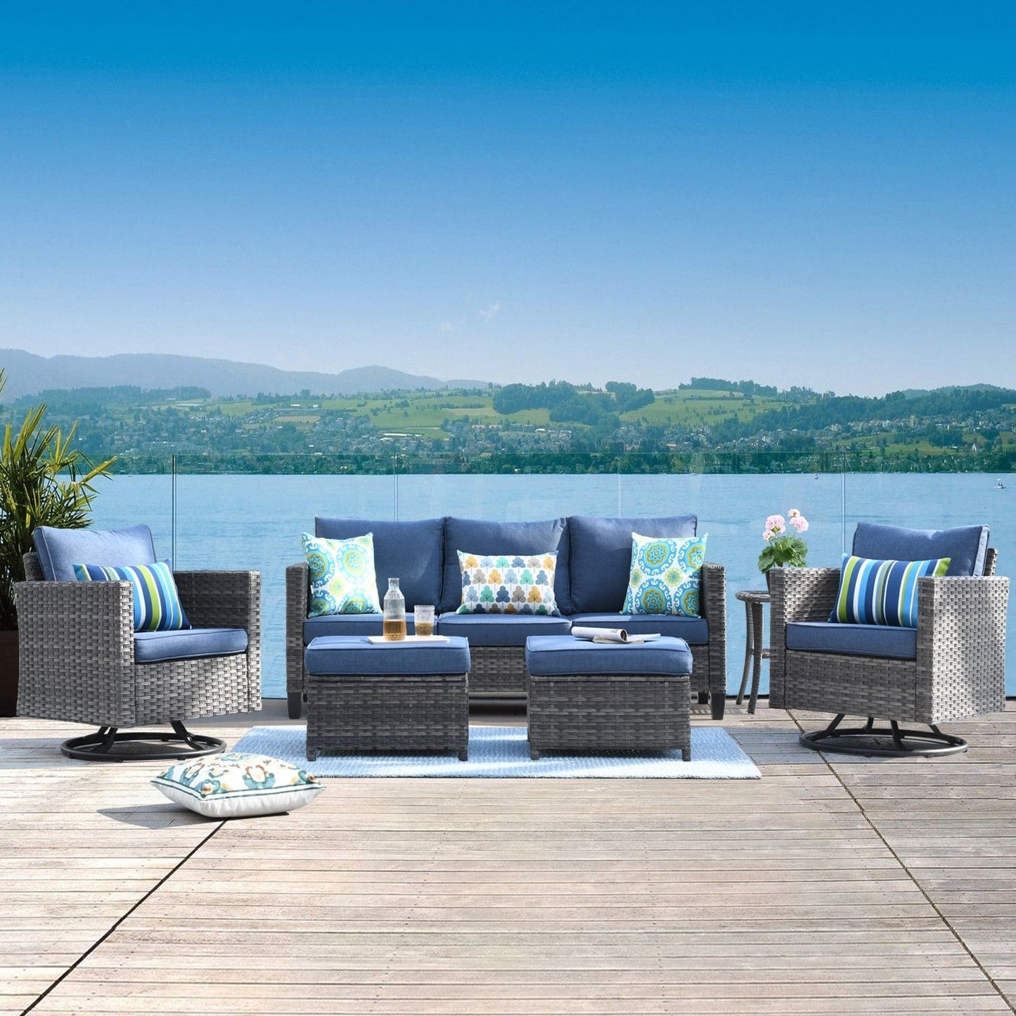 Ensemble de canapés de patio OVIOS 6 pièces en osier avec chaises berçantes pivotantes