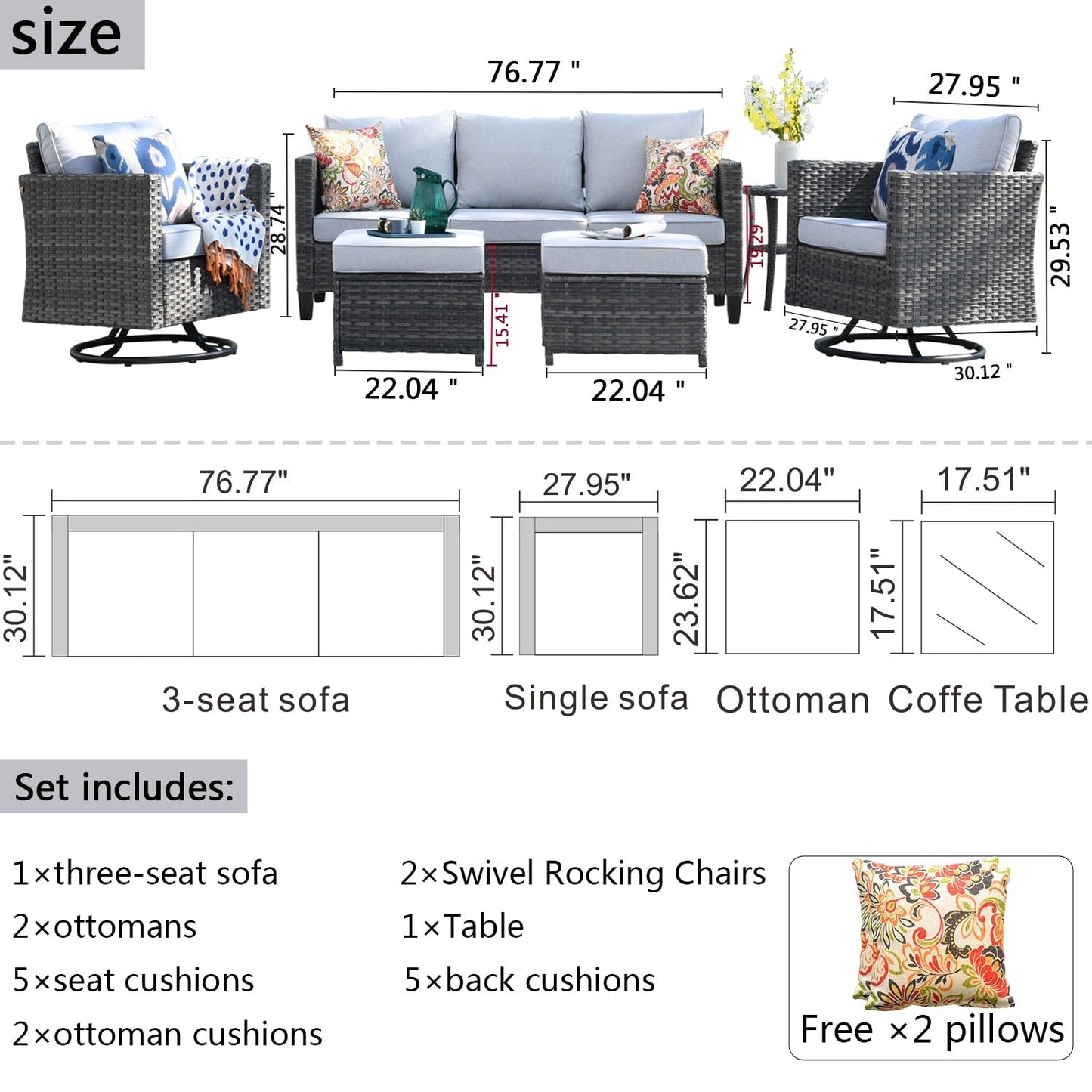 Ensemble de canapés de patio OVIOS 6 pièces en osier avec chaises berçantes pivotantes