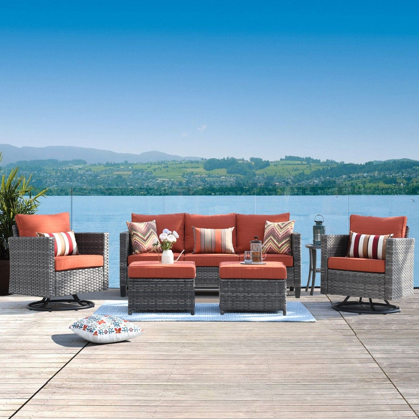 Ensemble de canapés de patio OVIOS 6 pièces en osier avec chaises berçantes pivotantes