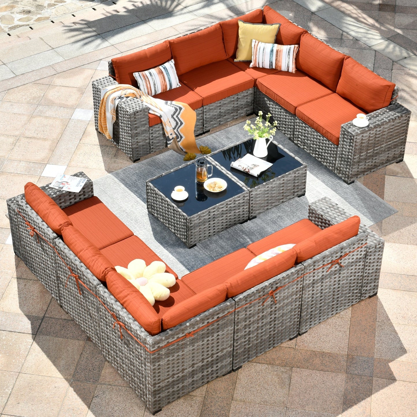 Ensemble de meubles de patio en osier OVIOS, 12 pièces, avec bras larges et table
