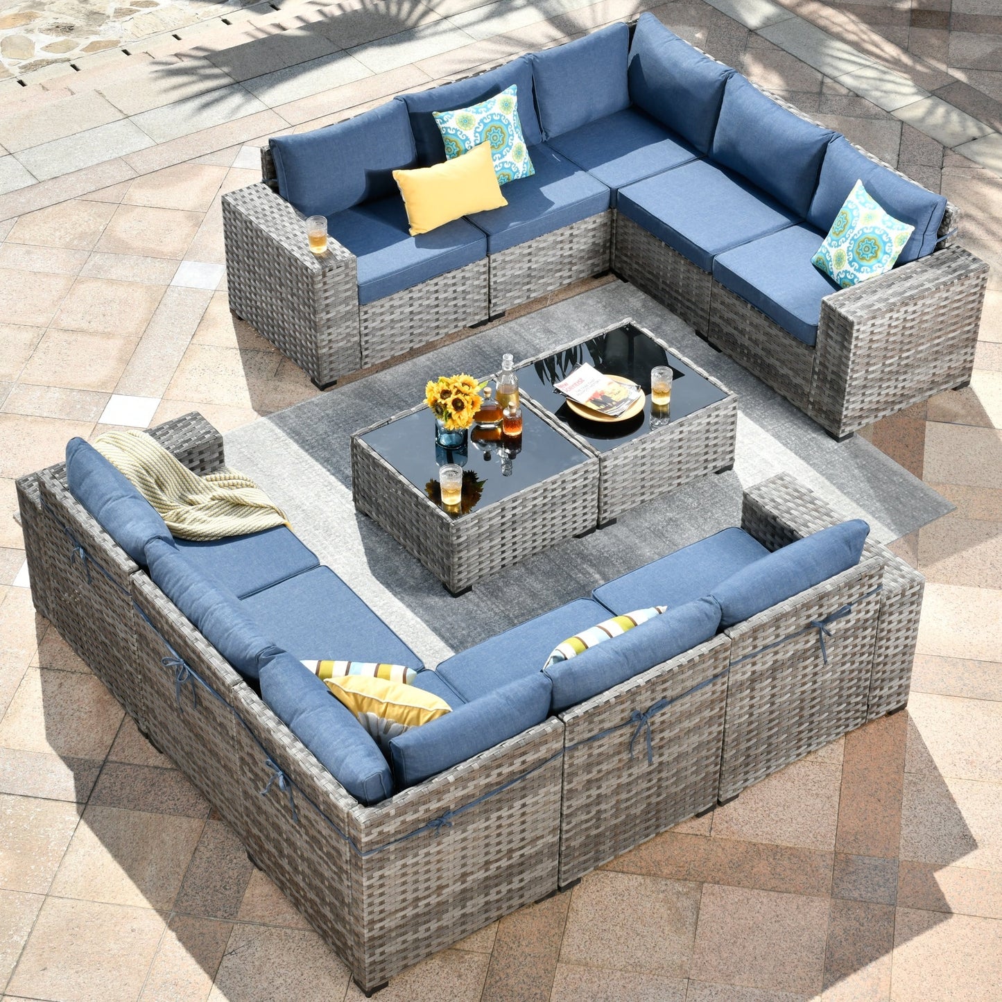 Ensemble de meubles de patio en osier OVIOS, 12 pièces, avec bras larges et table