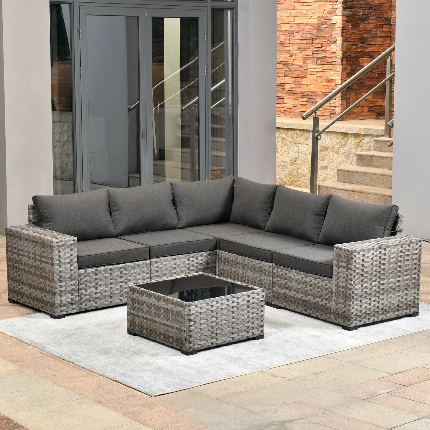 Ensemble de meubles de patio en osier OVIOS, 6 pièces, avec bras larges et table
