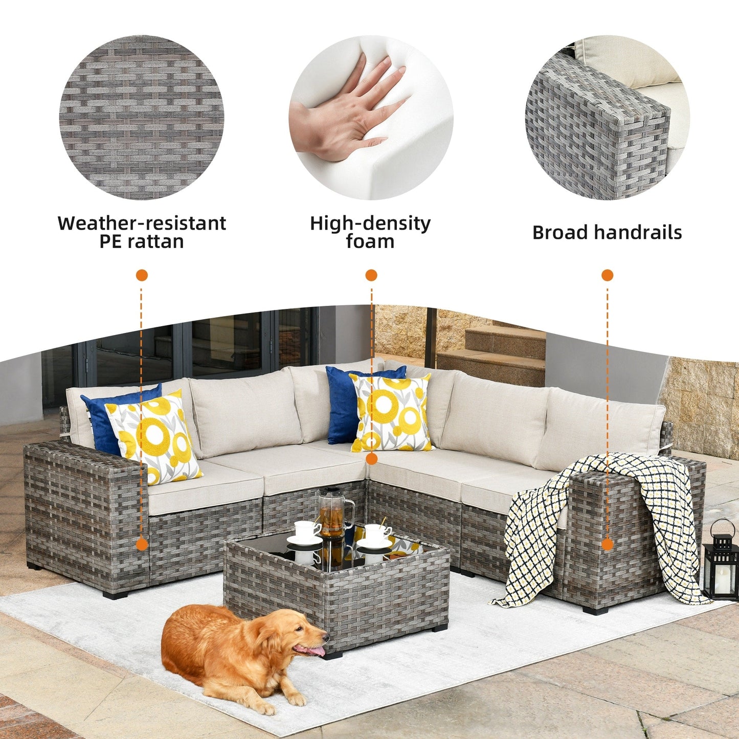Ensemble de meubles de patio en osier OVIOS, 6 pièces, avec bras larges et table