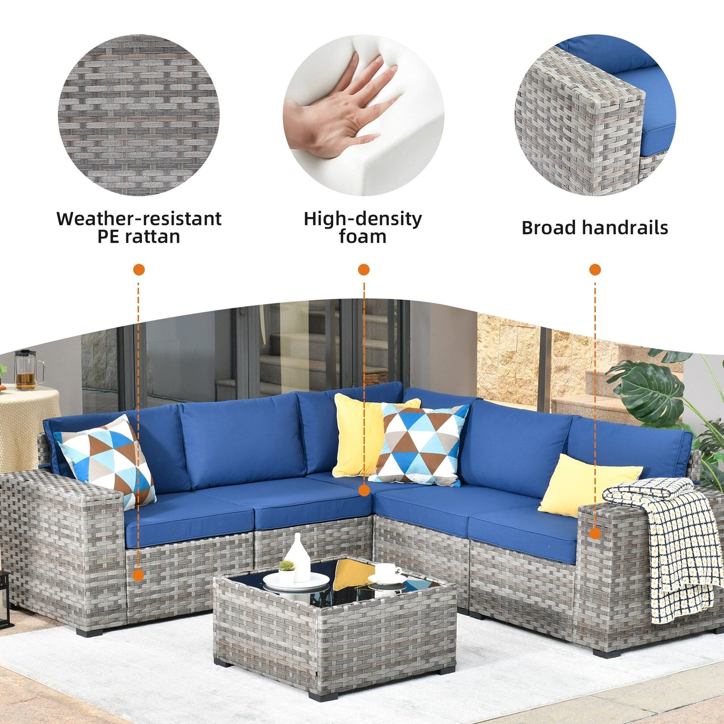 Ensemble de meubles de patio en osier OVIOS, 6 pièces, avec bras larges et table